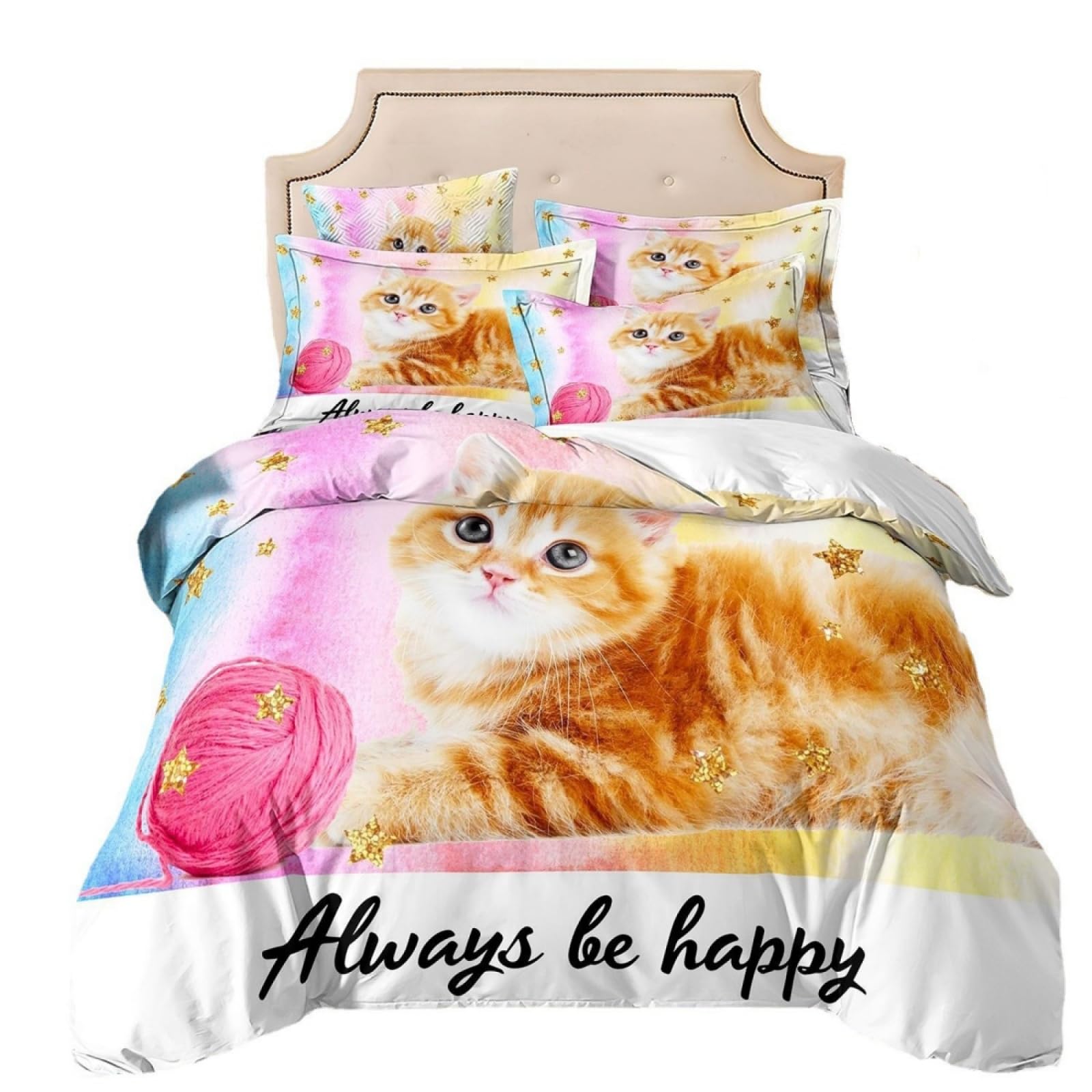 Double Duvet Set Golden Pink Cat Bedding Double Bed Set