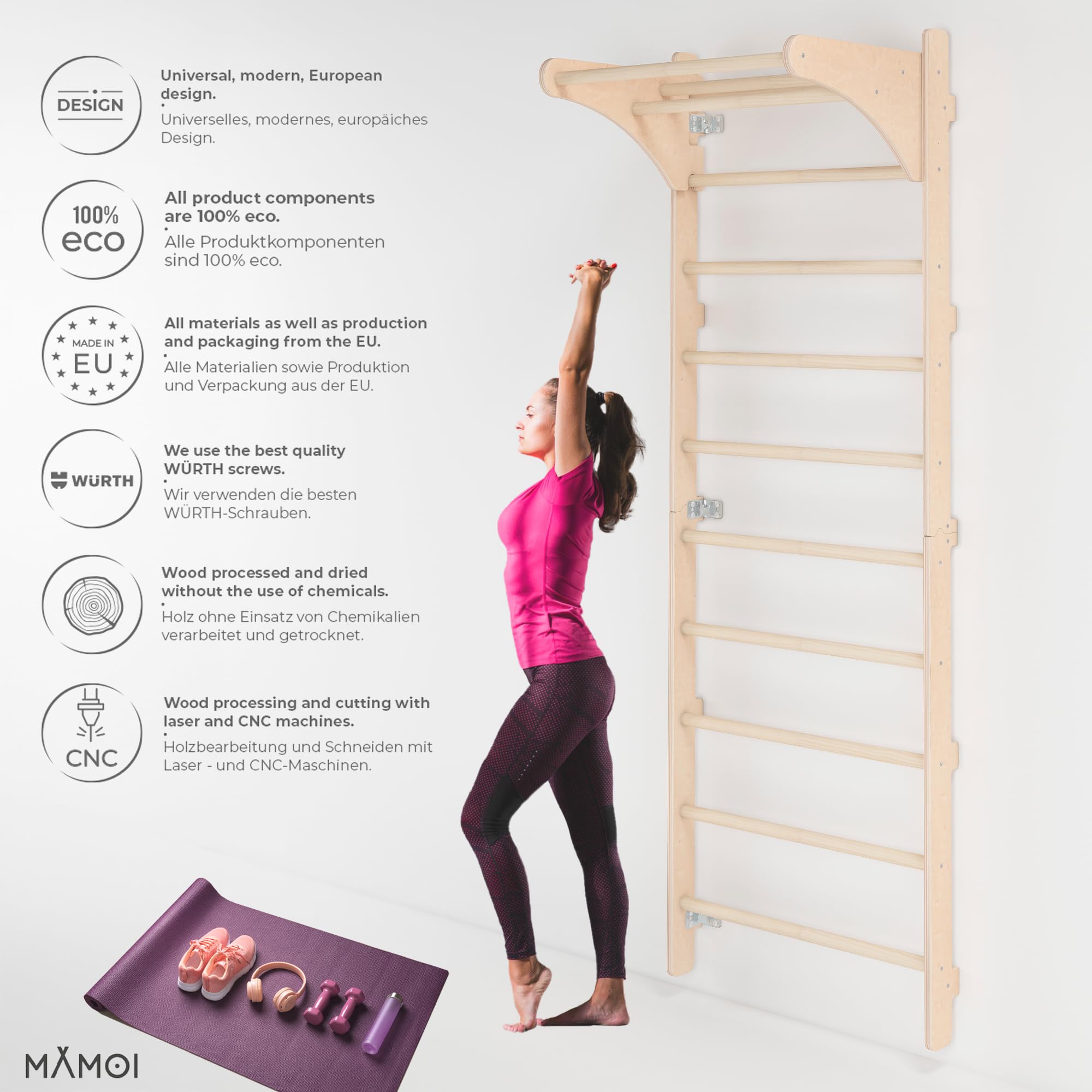 MAMOI Pared de Escalada de Madera con Barra de dominadas para Adultos (230 cm), Dispositivo de Fitness Multifuncional, Escalera de Escalada para Adultos y niños, 100% ecológico — view 4