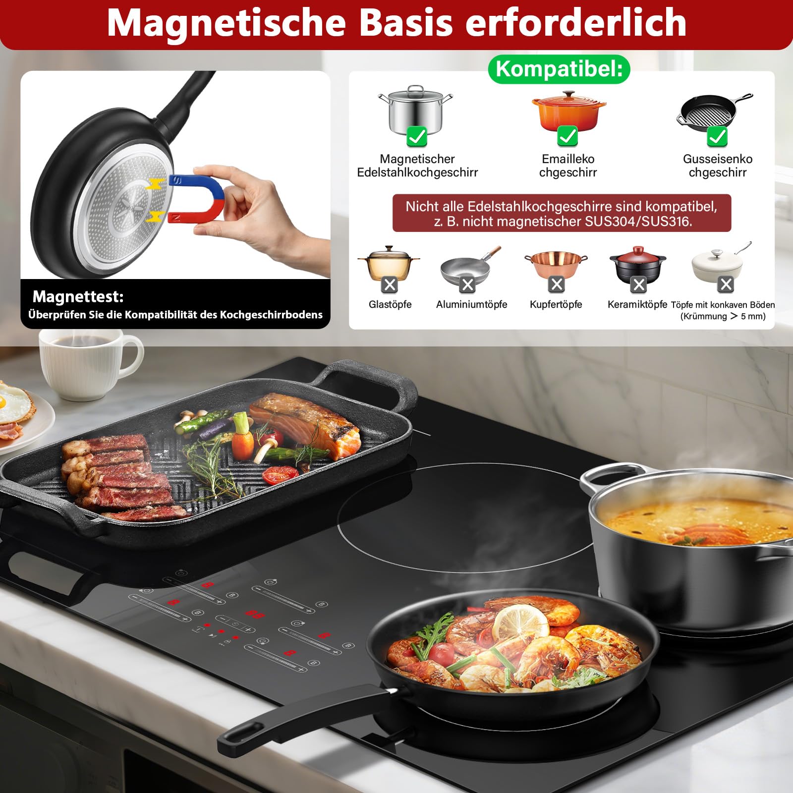 Induktionskochfeld 77 cm mit 5 Platten & 1 Flexzone, 9500 W, 9 Leistungsstufen mit Booster-Funktion, Touch-Slider-Bedienung, Timer 1-99 Min, Einbau-Kochfeld