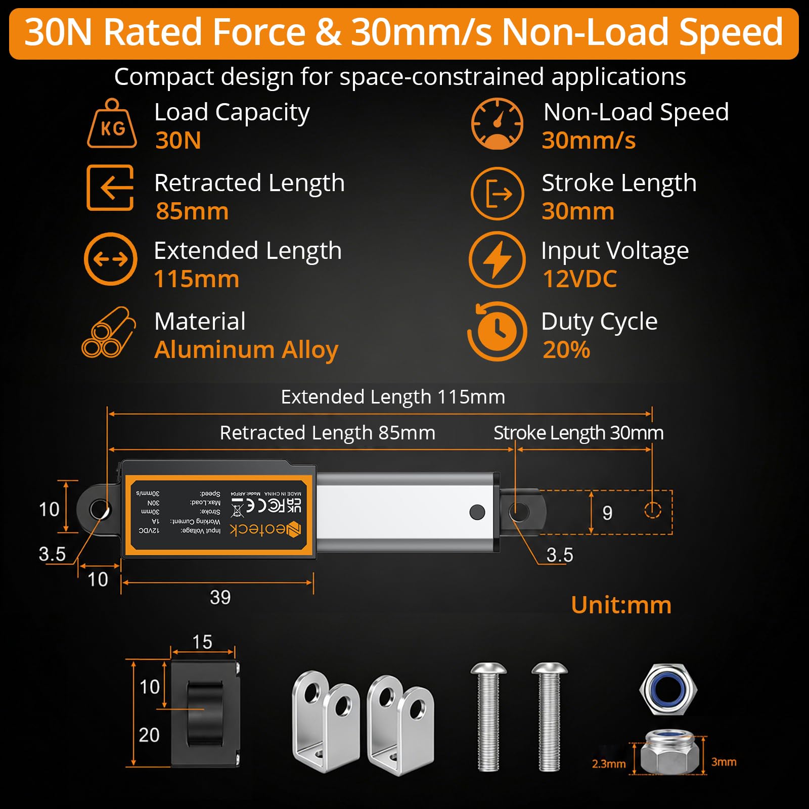 Neoteck 1.2 in Stroke 12V Linear Actuator Offers 30N/6.7LBS,30mm/s Speed — Amazon image 2