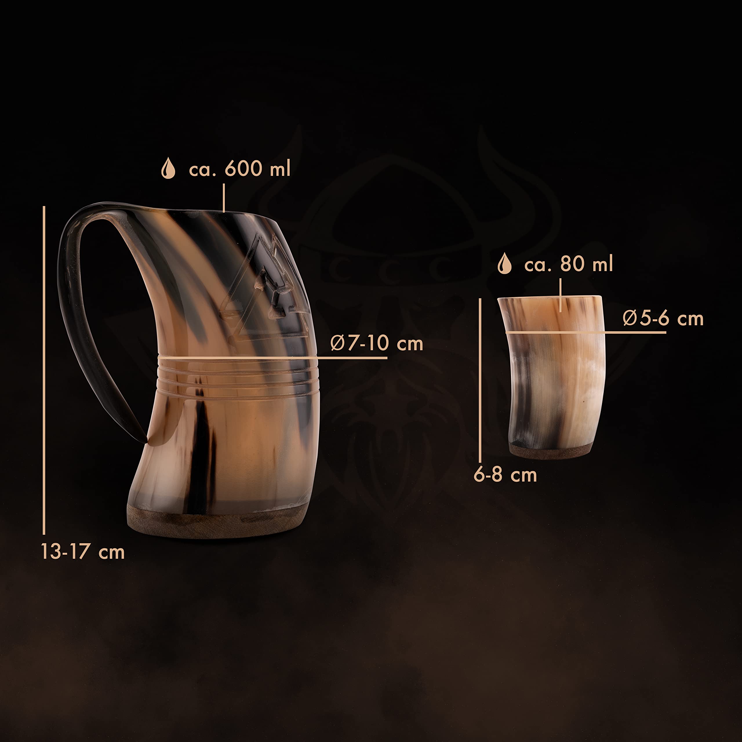 VIKING CRAFT® Jarra Vikinga Con Cuerno de 600 ml - Odin y 2 Vasos Para Aguamiel - Decoración Medieval, LARP, Cuencos