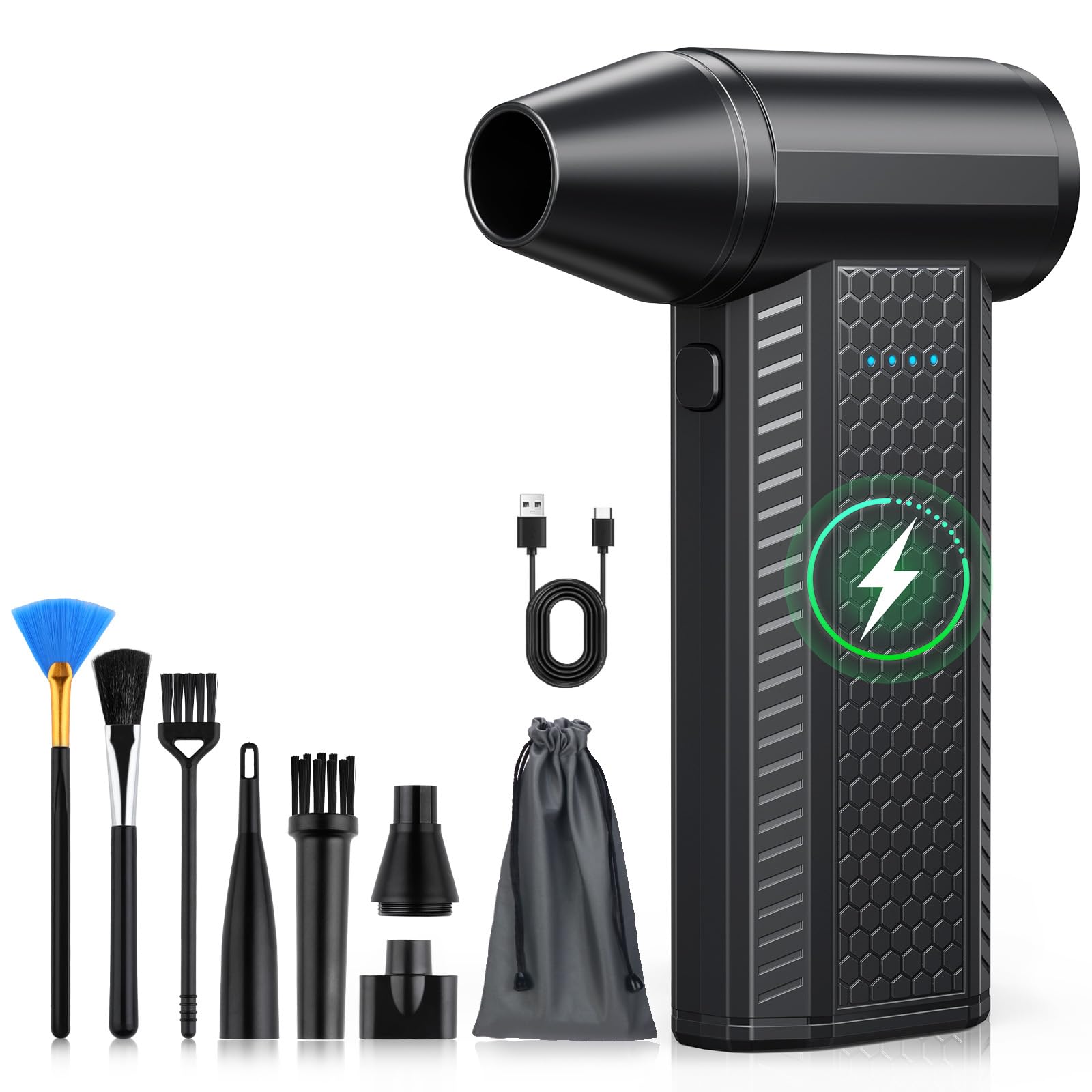 FOURQ Compressed Air Blower with 130000 RPM with 4000 mAh Battery, 4 Speeds Powerful Mini Wireless Blower with Cleaning Brushes for Car, Home, Keyboard (Black)