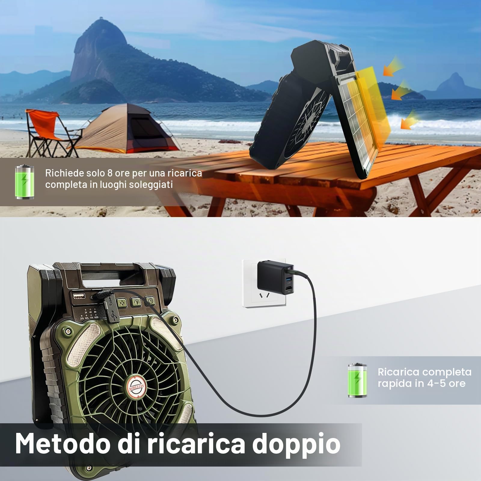 GY Ventilatore da campeggio con timer, 4 velocità, ventilatore USB ricaricabile 10400 mAh, solare portatile per pesca