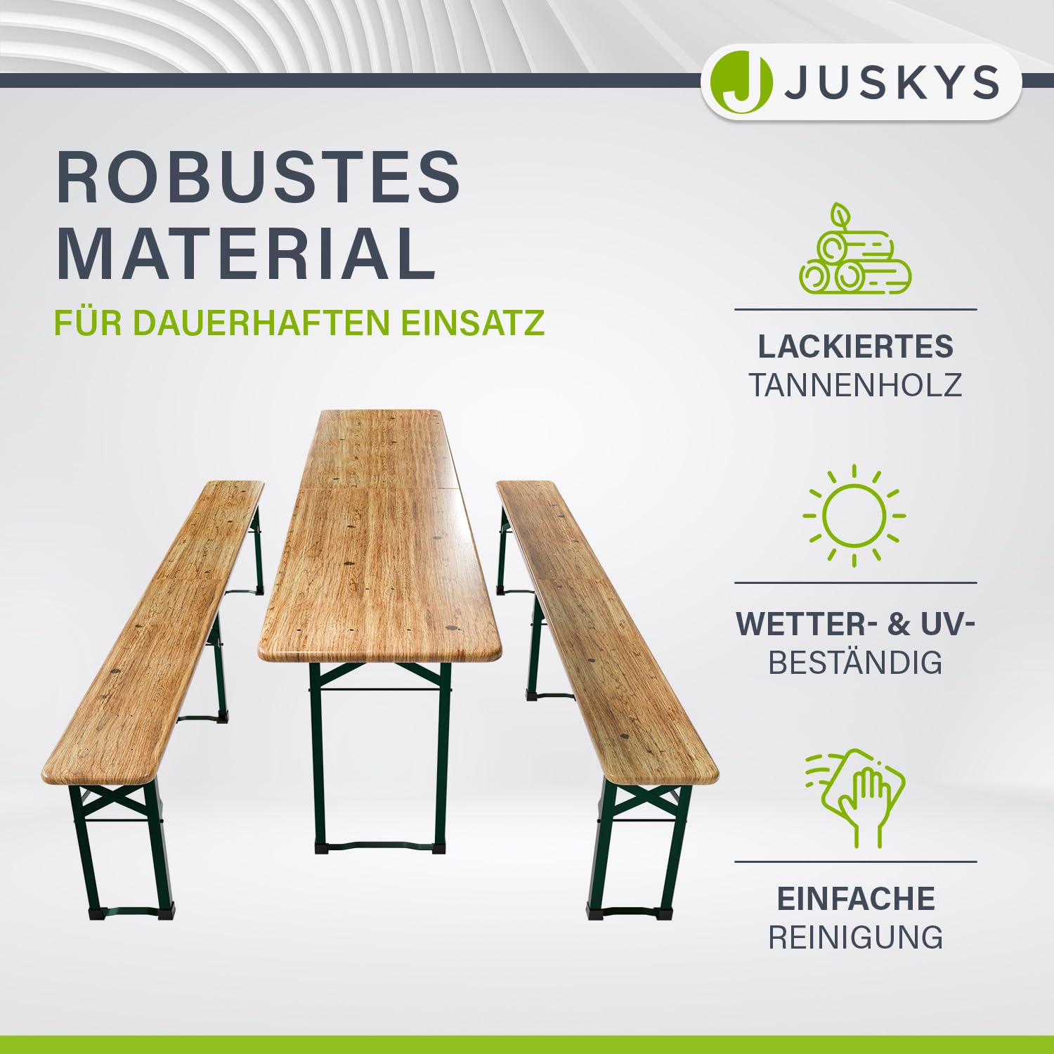 Juskys Set da giardino 3 pezzi, tavolo da birra pieghevole 220 cm e panche in legno di abete, finitura naturale, per tende da festa e uso esterno
