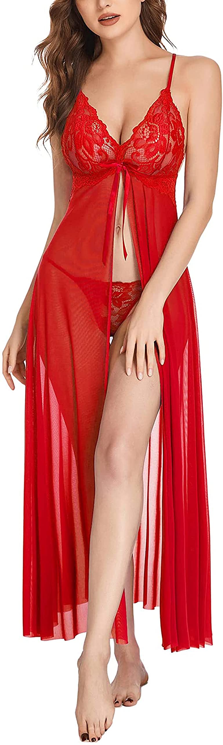BROIDENWomen's Net Lace Long Babydoll Lingerie for Honeymoon Nightwear