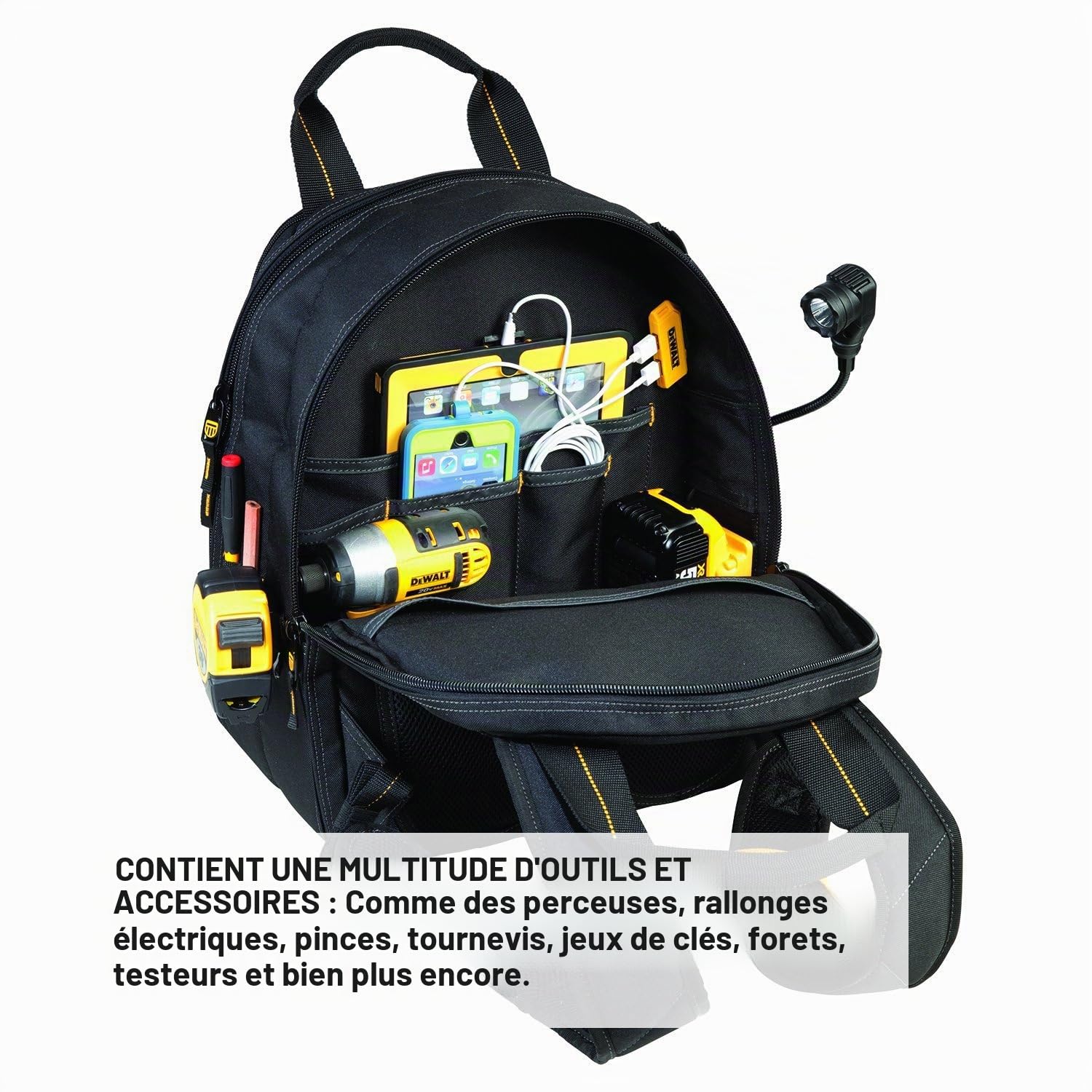 DEWALT DGCL33 Sac à dos lumineux avec 33 poches pour outils de chargement USB, jaune