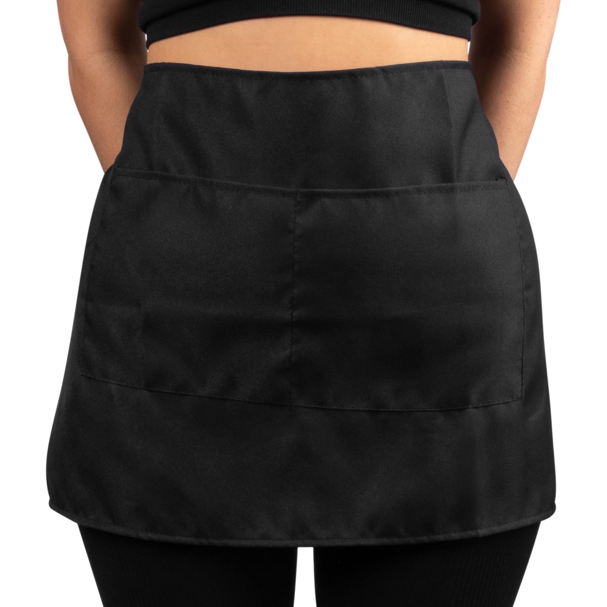 Jazooli Unisex Black Waist Apron, Plain Fabric Short Cooking Catering Work Bistro Cafe Bar Apron Waitress Tabard With Twin Double Front Pockets, Adults One Size Fits All,