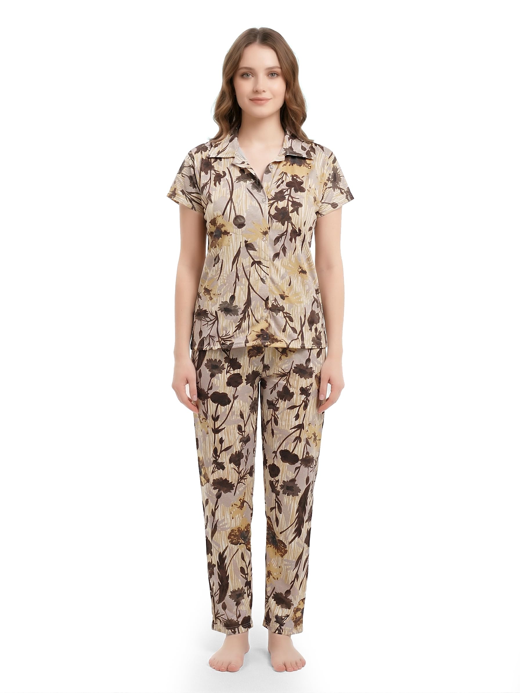 Women’s Floral Print Night Suit Set | Soft Cotton Blend Short Sleeve Button-Down Top with Long Pyjama Pants | Comfortable Sleepwear, Nightwear-picture-32