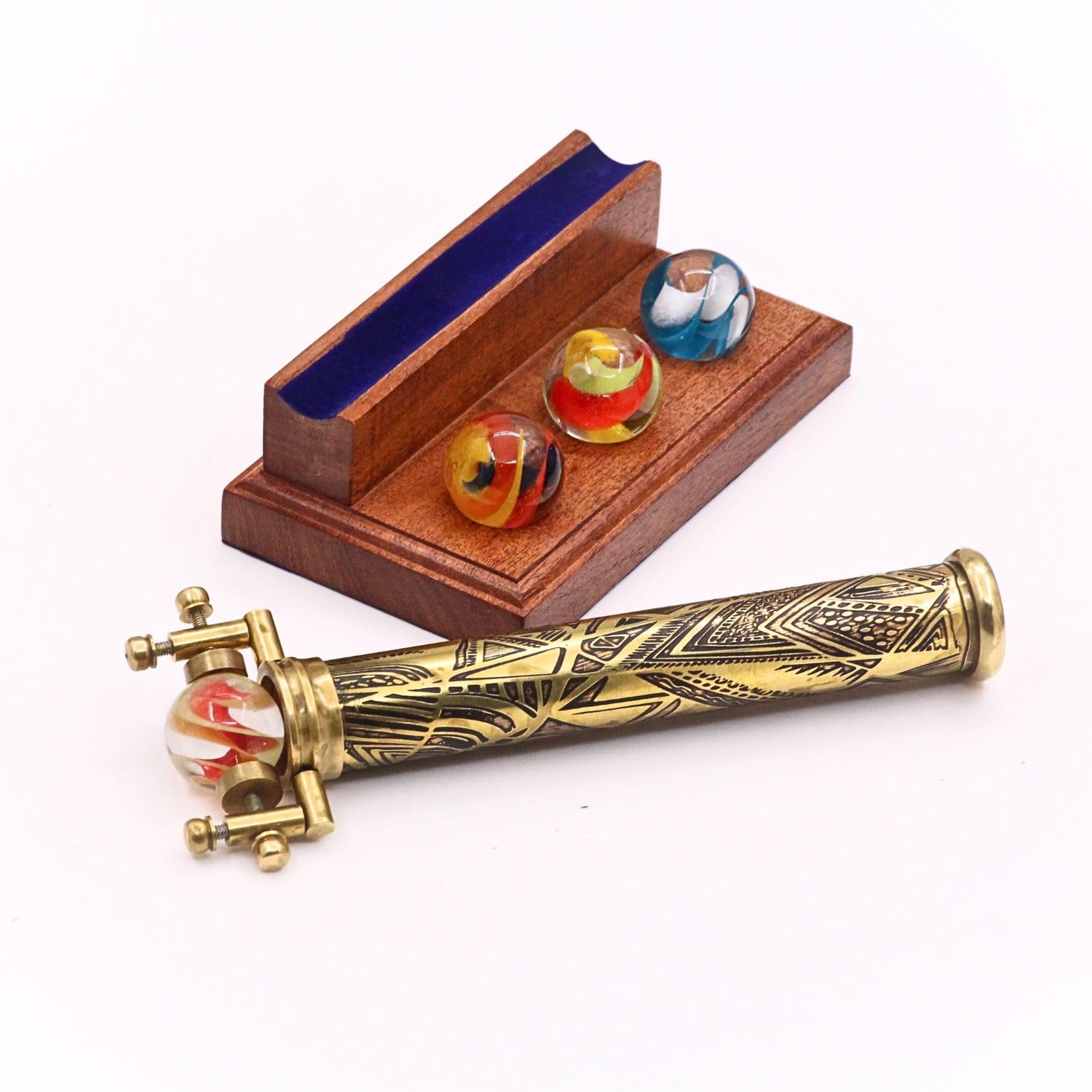 Caleidoscopio grande de latón con cuatro canicas de vidrio intercambiables, mármol retro vintage con soporte de exhibición de madera dura