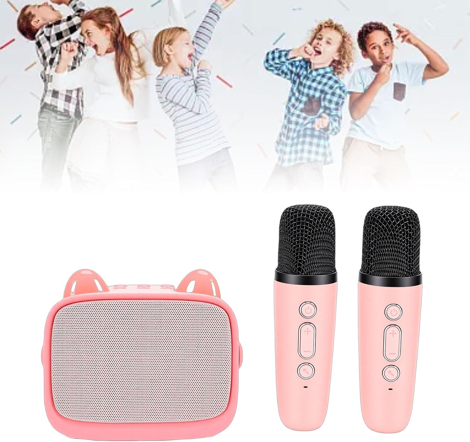 Kids Karaoke Machine, Mini Portable Speaker with 2 Mics, LED Lights, Perfect for Kpop Demon Hunters and Music Lovers (Pink)