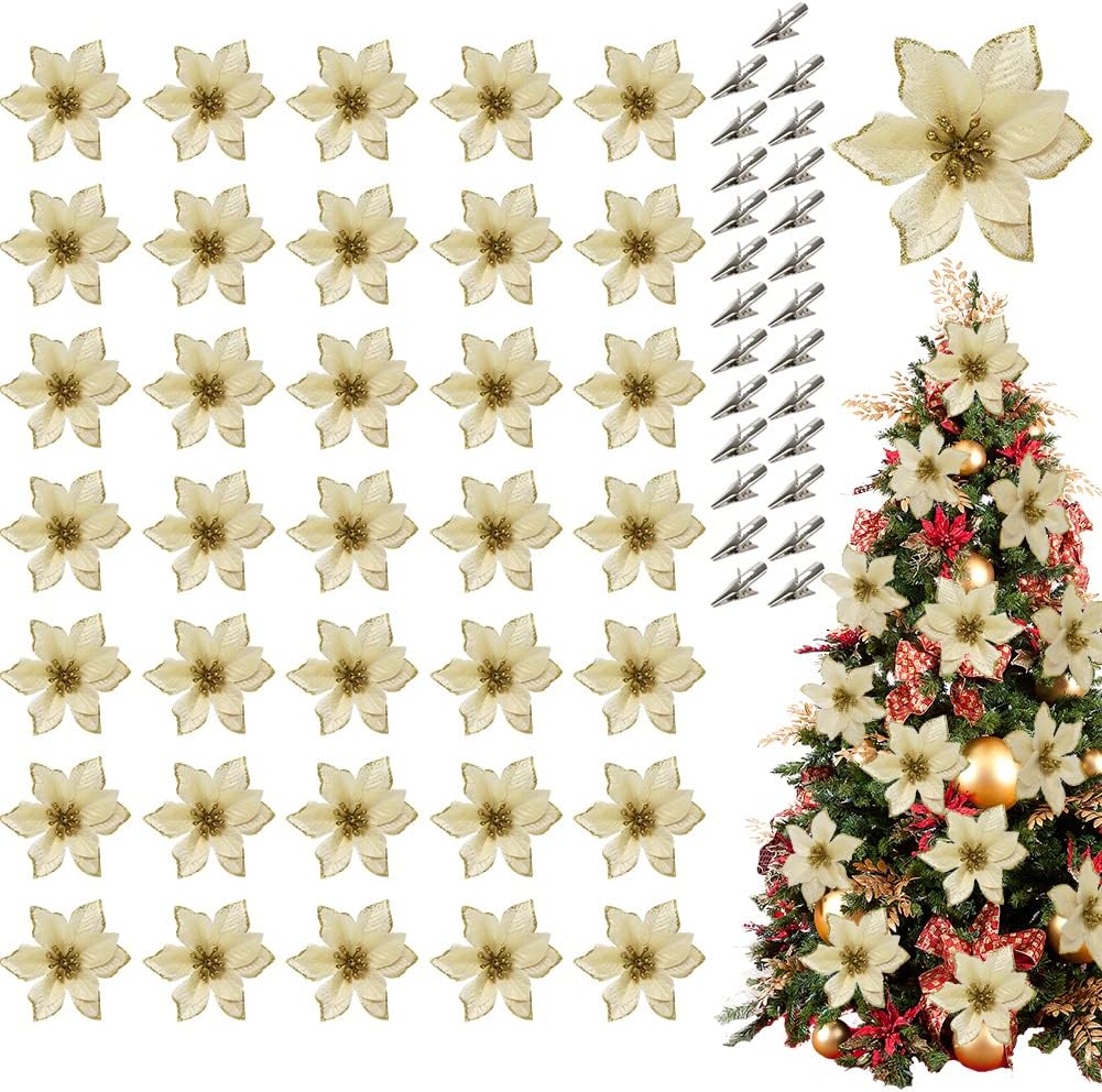 OurWarm 50pcs Poinsettia Christmas Decorations, Christmas Tree Flowers, Christmas Flowers Artificial for Decoration, Gold Poinsettia Flowers for Christmas Tree Decorations