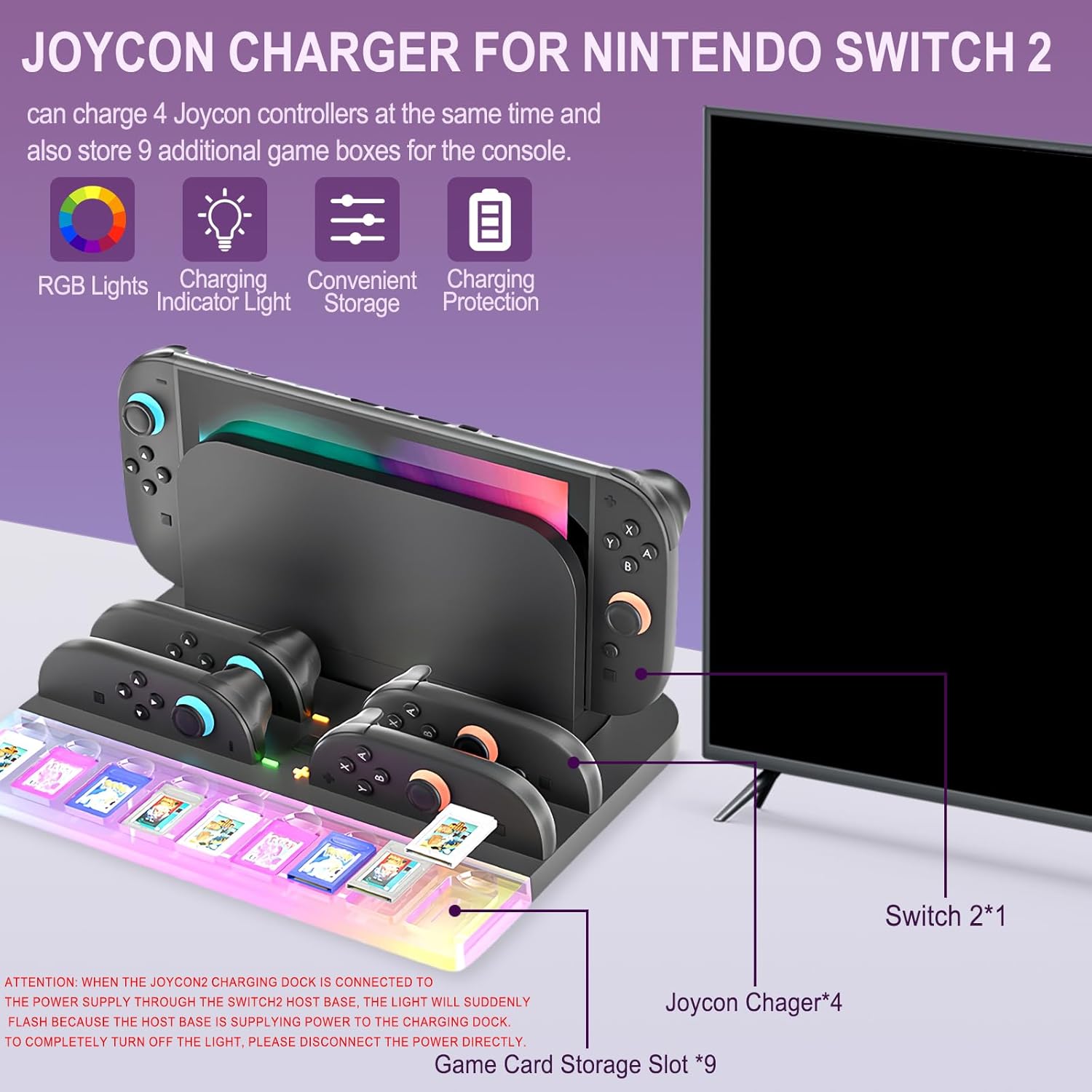 AriKroii Charging Dock Station for Nintendo Switch 2, JoyCon Controllers Charger with RGB Light and LED Indicator, Heat Dissipation, 9 Game Card Slots, Fast Charging Storage Organizer, TV Dock - Image 2