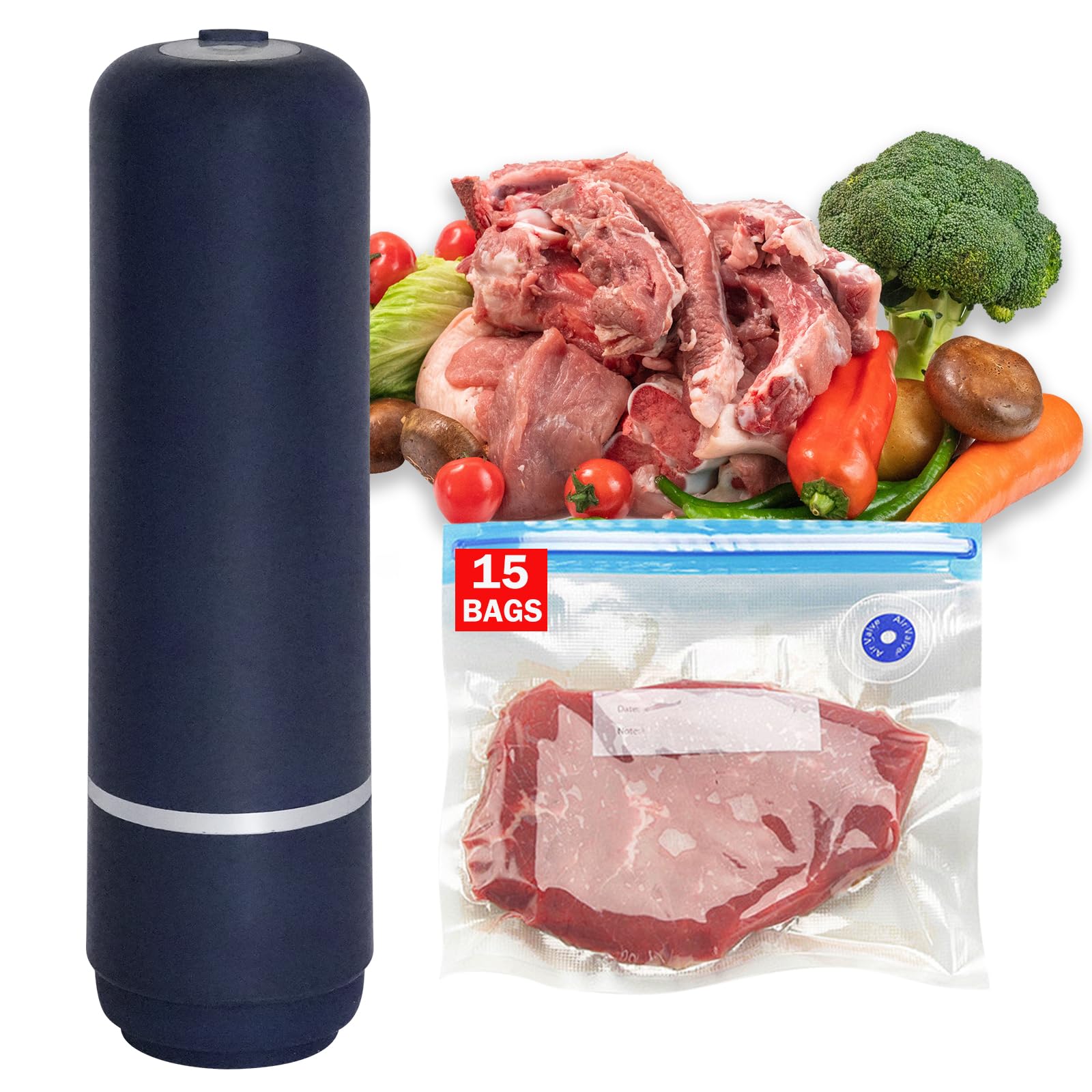 Portable food vacuum sealer,Premium Vacuum Sealer for Food, Compact Food Storage System, 15 Reusable Sous Vide Bags,Handheld Vacuum Sealer for Kitchen