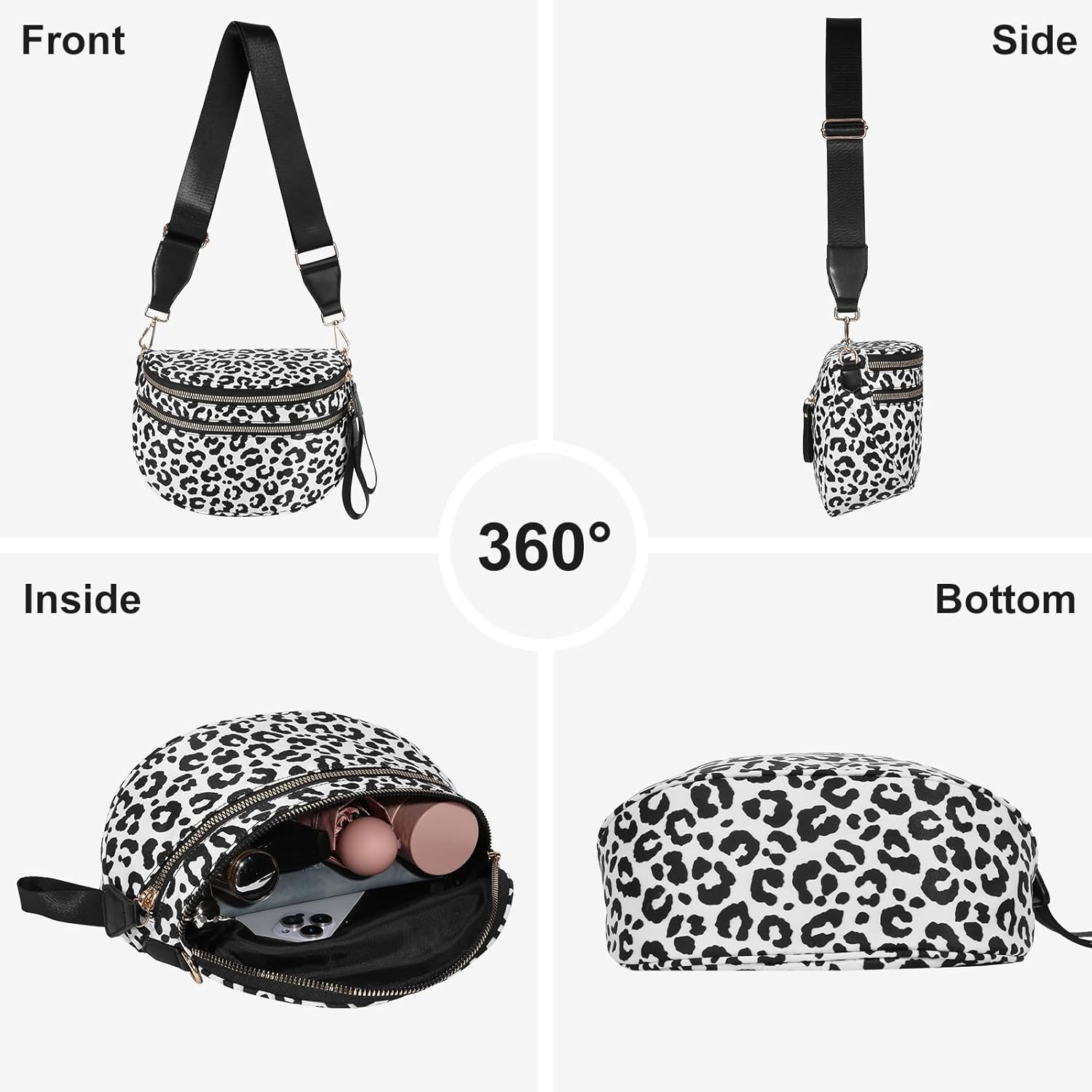 Leopard Purse,Leopard Print Bum Bags for Women Crossbody Spacious Waist Bag Fanny Packs Crossbody Bag 2025(Black+White) - Image 5