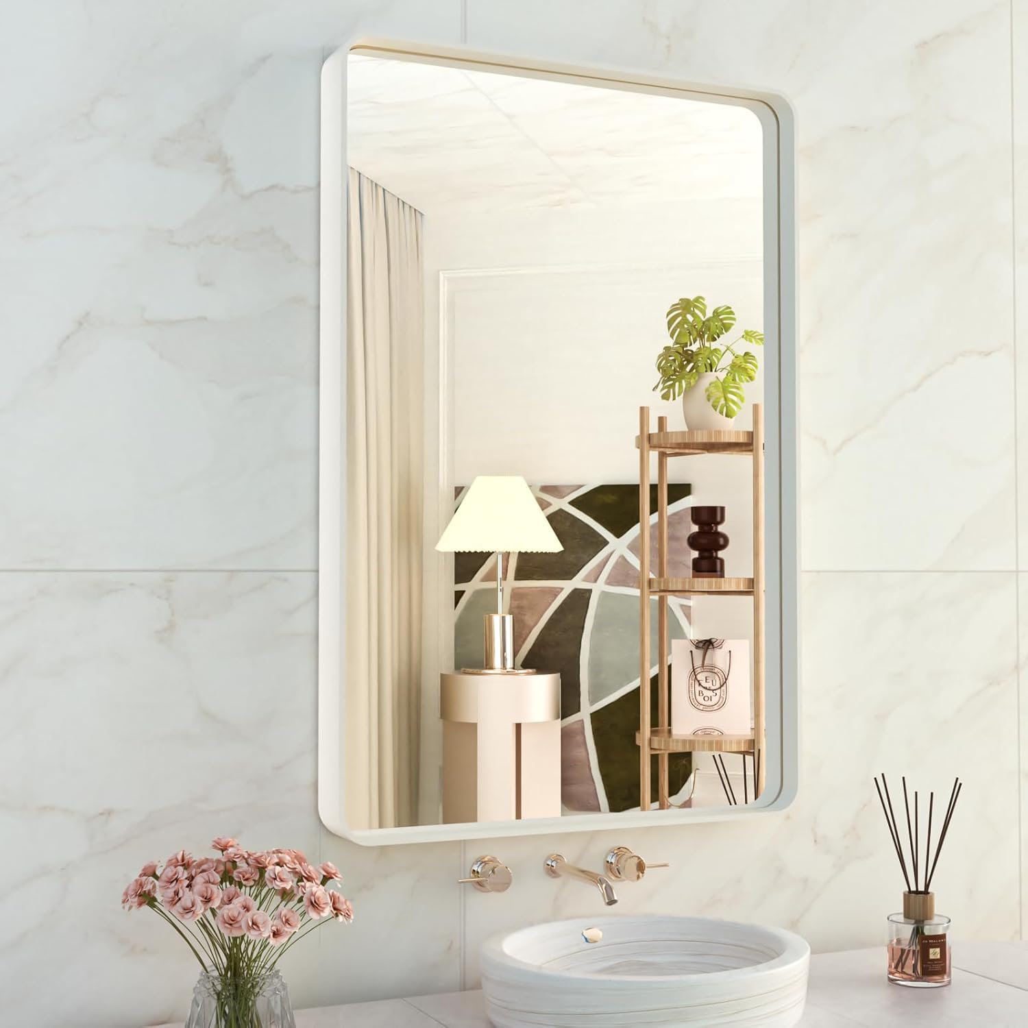 WEER White Bathroom Mirror 24X36 Inch, Rounded Rectangle White Metal Frame Mirror, Matte White Bathroom Vanity Mirror with Tempered Glass, Anti-Rust, Hangs Horizontally or Vertically White 24"L x 36"W