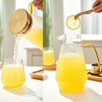 Glass Pitcher,50oz/1.5 Liter Water Pitcher with S.S. Lid, Beverage Serveware, Iced Tea Jug,Water Carafe with Handle,Heat Resistant. Refrigerator Usable.