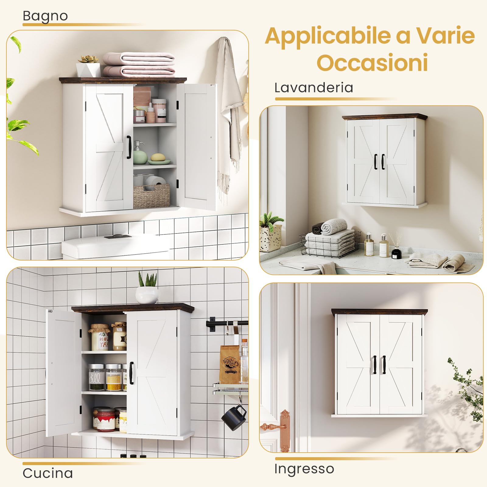 COSTWAY Mobile da Parete per Bagno, Mobiletto Salvaspazio Farmhouse per Farmacia con 2 Ante e Ripiani Regolabili, Specchio Contenitore per Soppalco Sopra il WC per Cucina, Lavanderia e Ingresso