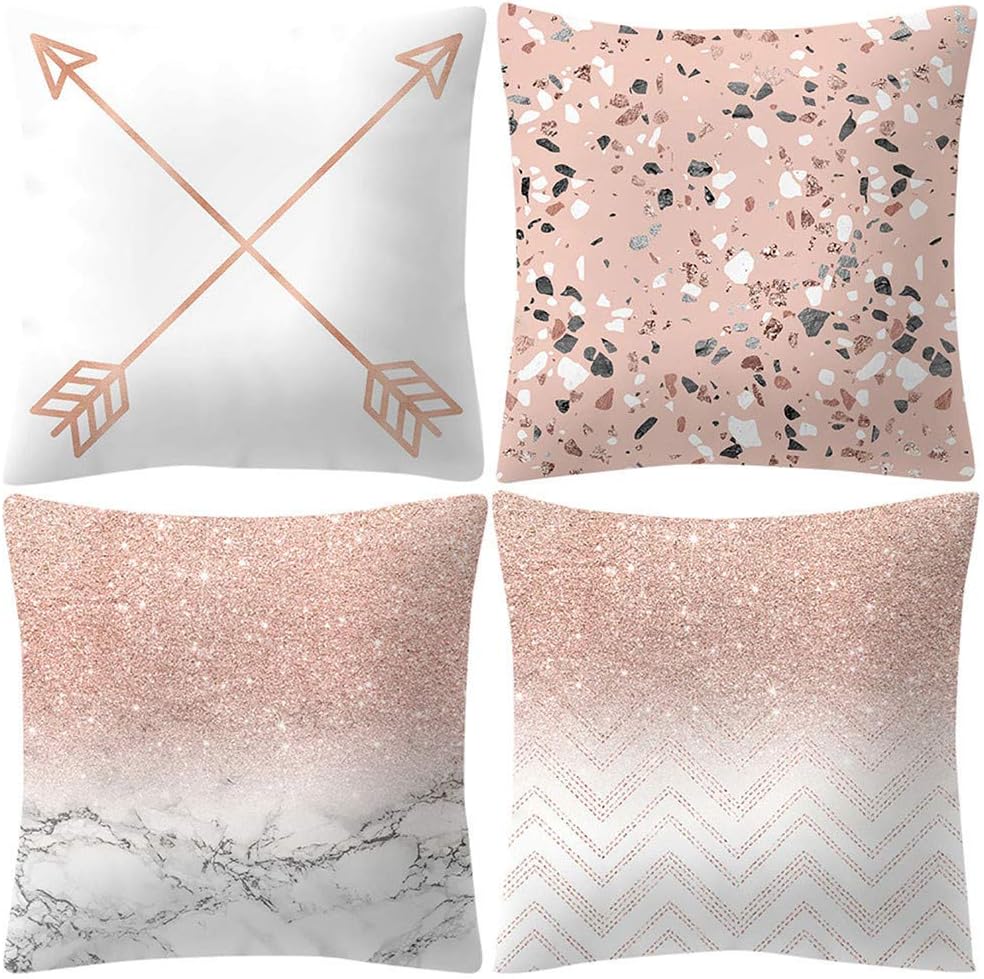 4 Pcs Pillowcase Cushion Cover,veyikdg Rose Gold Pink Simple Fashion Letter Flower Pattern Square Cushion Covers Home Decoration Room Bed Office Sofa Car Chair Chic Gift Pillow Case (ღG)