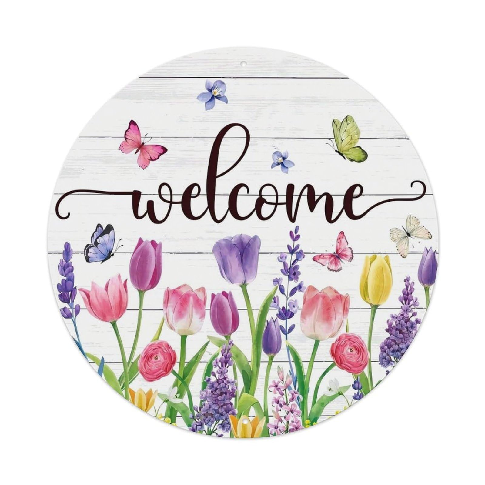 Floral Welcome Butterflies Tulips Lavender Round Tin Sign Vintage Metal Sign Home Bar Garden Indoor & Outdoor Wall Decor Retro Metal Poster 8x8 Inch