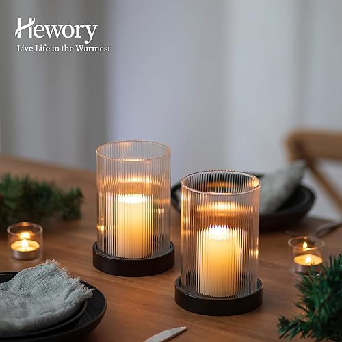 Miniatura 3 de Hewory Candelabro acanalado de huracán juego de 2 portavelas votivas negras, huracán de vidrio con placa de vela de metal, soporte de vela de pilar