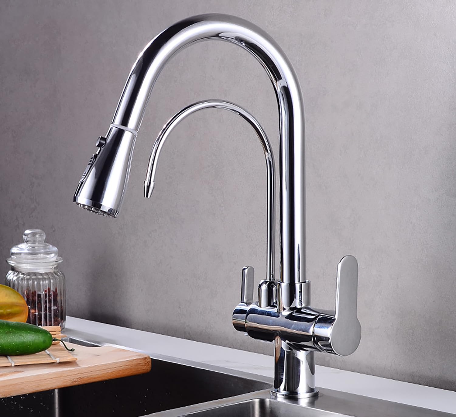 MXXQRHF High Arc Kitchen Faucet with PullOut Sprayer Dual Handle Water Filter Tap for Easy Switching Between Filtered & Tap Water Modern Design for Home & Kitchen