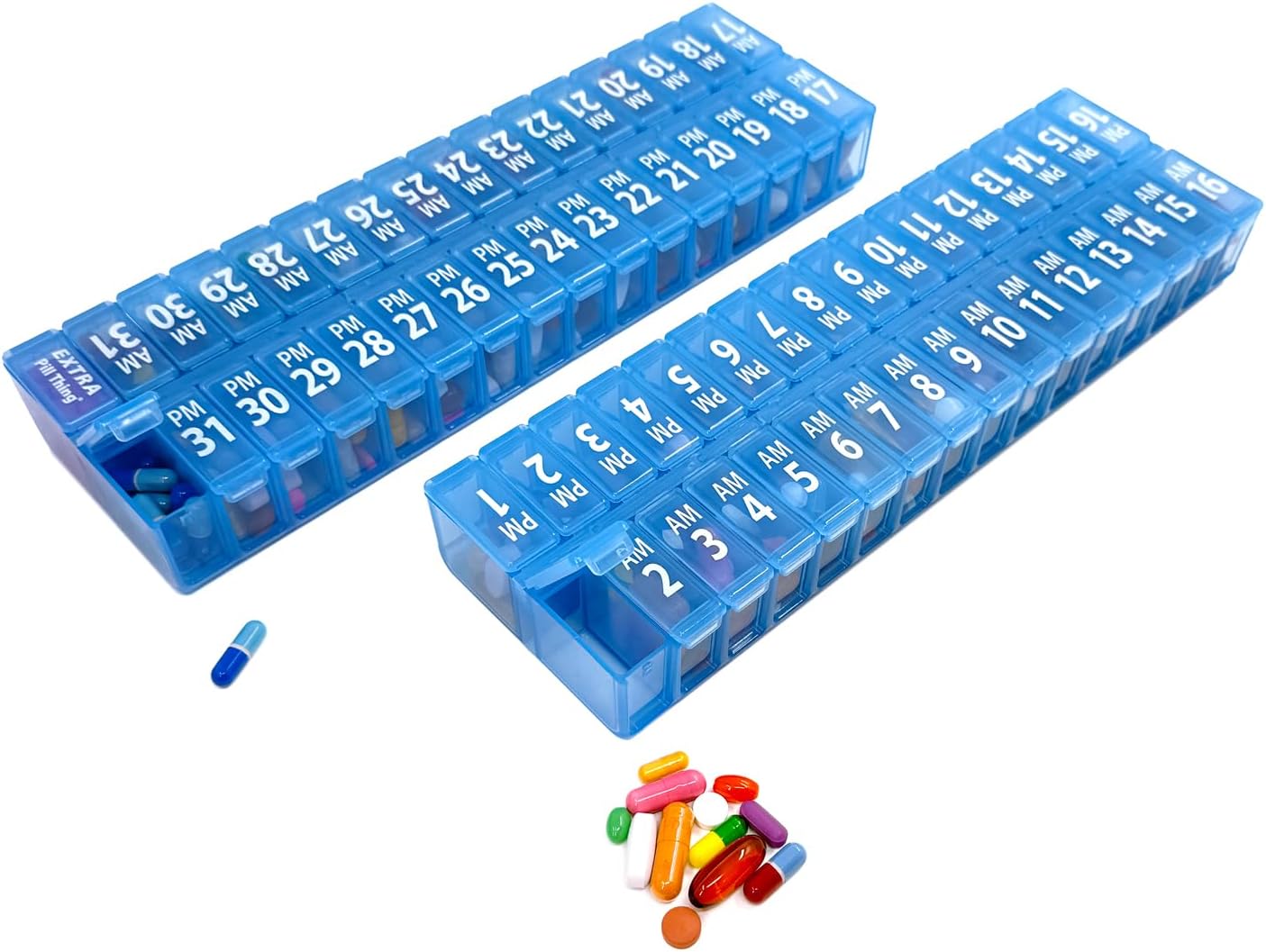 XL Twice-a-Day Monthly Pill Box Planner Set, 31 Day AM & PM Medication Organizer, 2 Vitamin Holders for One Month (XL - 31 Day AM/PM - Blue)