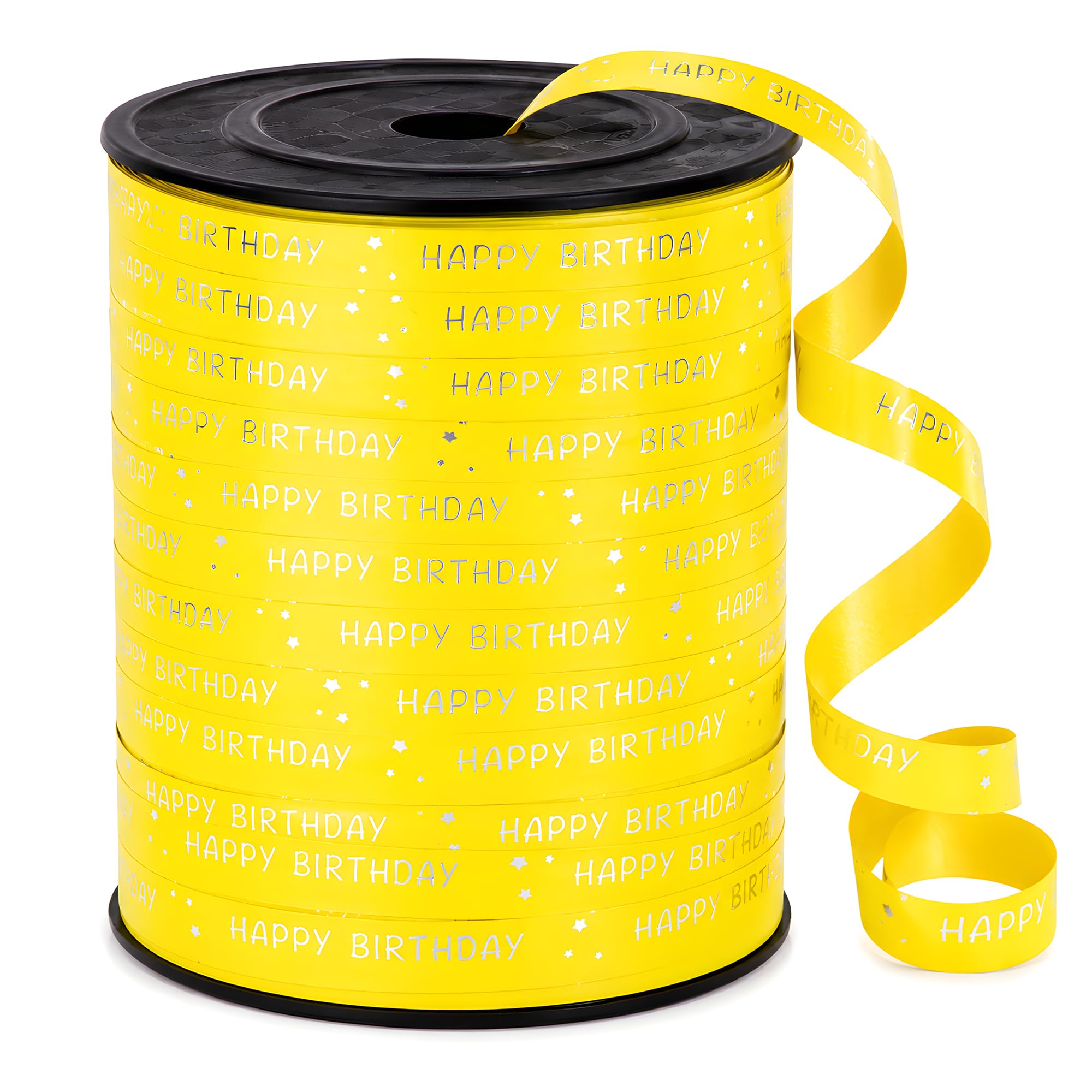 BEISHIDA 250 Yards Yellow Happy Birthday Printed Crimped Curling Ribbon Balloon String Roll Gift Wrapping Ribbon for Baby Girl Women Happy Birthday Party Decoration Supplies