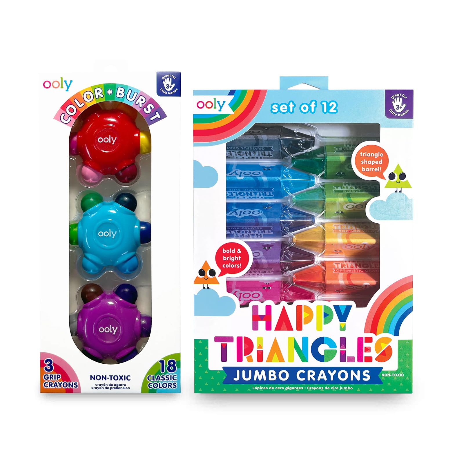 Ooly Color Burst Grip Crayon for Toddlers and Little Hands, Set of 3 & Jumbo Triangle Crayons for Toddlers Set of 12, Non-Toxic Triangle Shaped Easy to Hold Crayons for Toddler Ages 1-3
