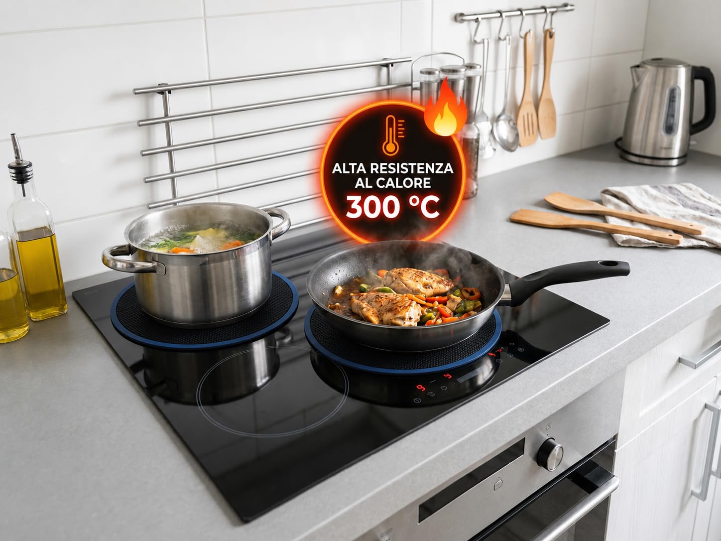 HOM&KITCHEN Tappetini Protezione Piano Induzione Set 5 Pezzi | Silicone + Fibra di Vetro, Fino a 300°C, Antigraffio e Antimacchia, 25x35 cm + 2x22 cm + 2x24 cm, Compatibili Solo Induzione