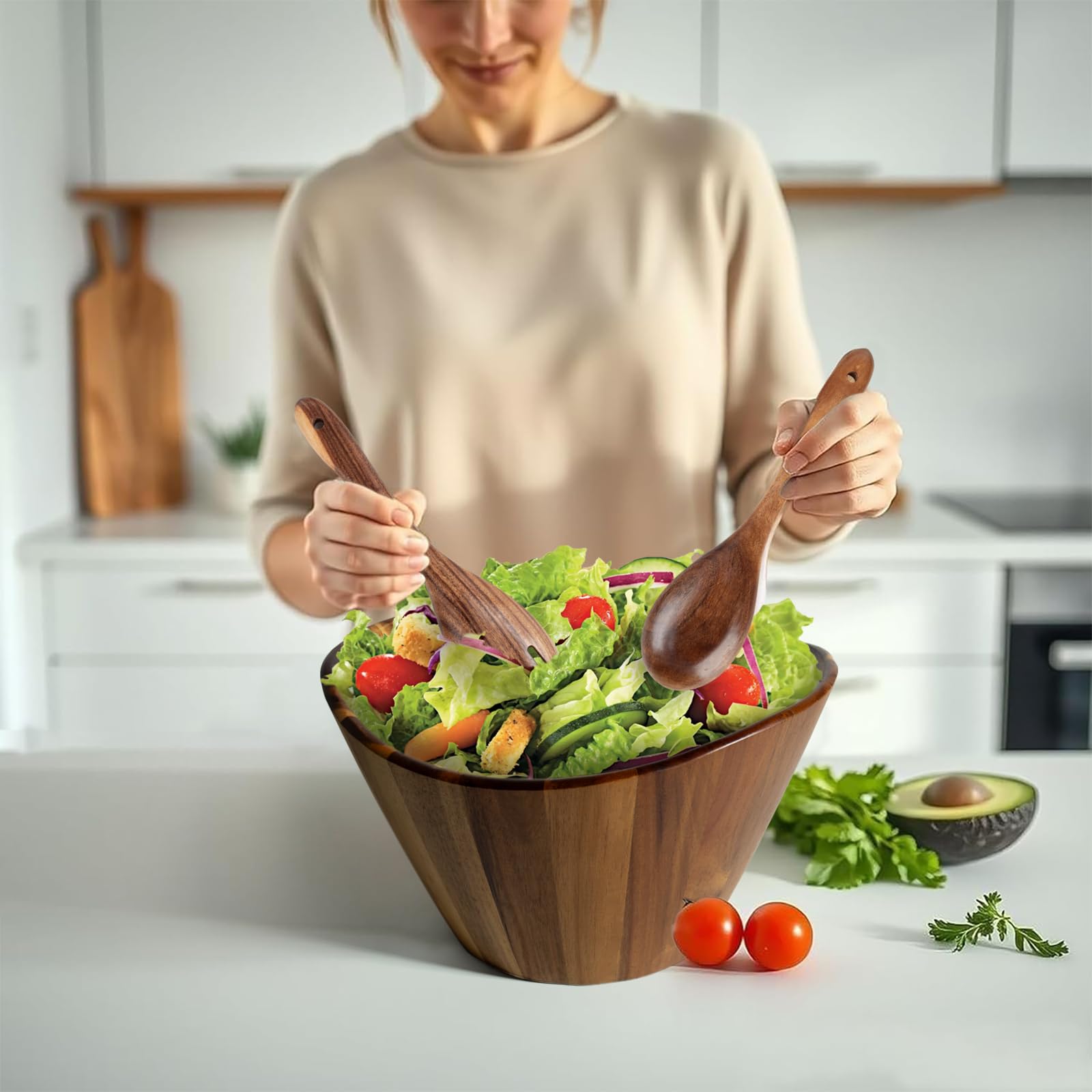 Cuenco Redondo de Madera de Acacia, Ideal como Ensaladera, Cuenco para Mezclar, Frutero o Cuenco para Pan, Diámetro de 30,5 cm, Utensilios de Cocina, Perfecto para Cocina, Picnic y Fiesta