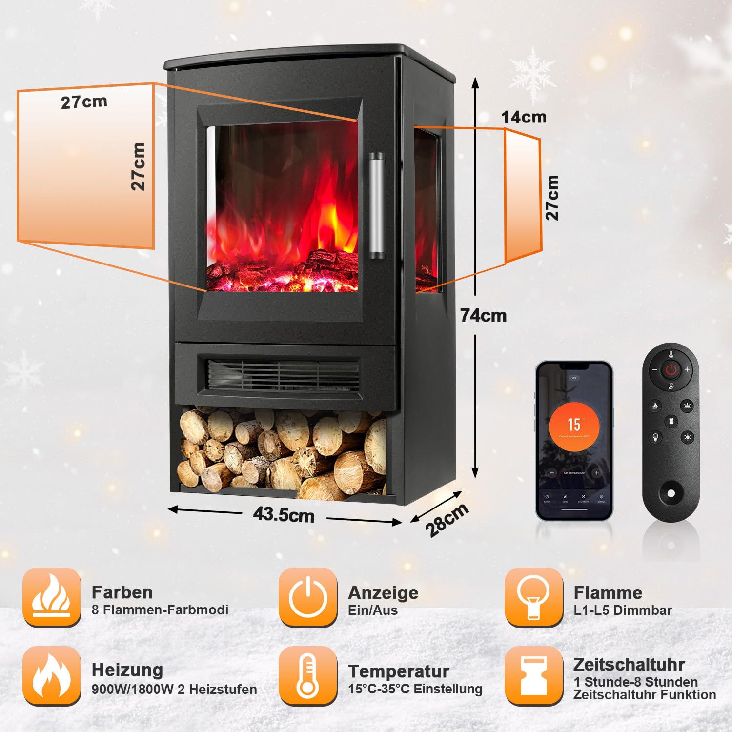 Kominek elektryczny z ogrzewaniem, kominek elektryczny z płomieniem LED, z pilotem zdalnego sterowania WiFi i timerem, panoramiczne okienko, regulowany termostat, termowentylator, 900 W/1800 W