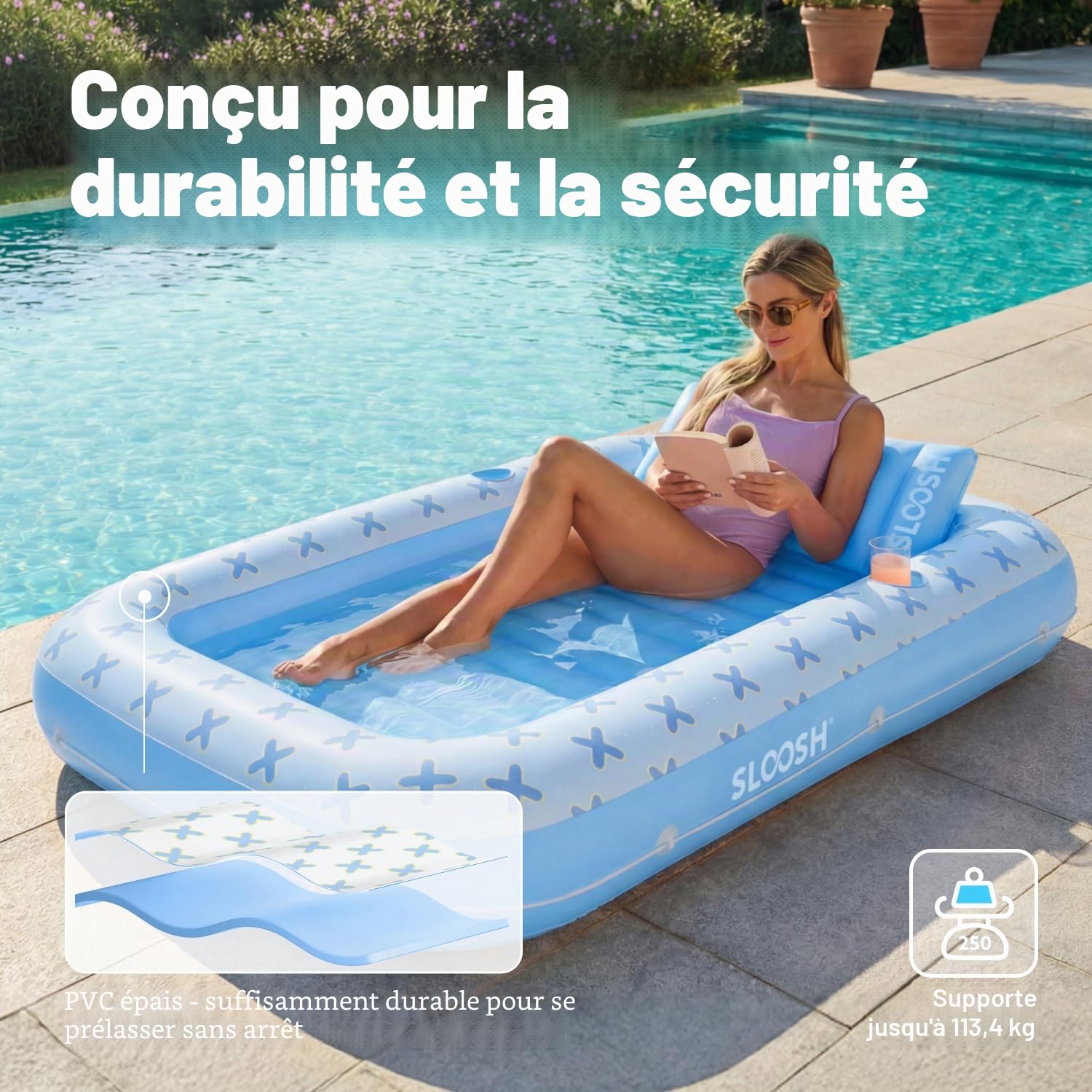 SLOOSH Chaise longue gonflable pour bronzage avec coussin, 178 cm x 117 cm, flotteur de piscine pour adultes, radeau de bain au soleil 4 en 1, lit de bronzage pour se prélasser dans l'eau, ballon
