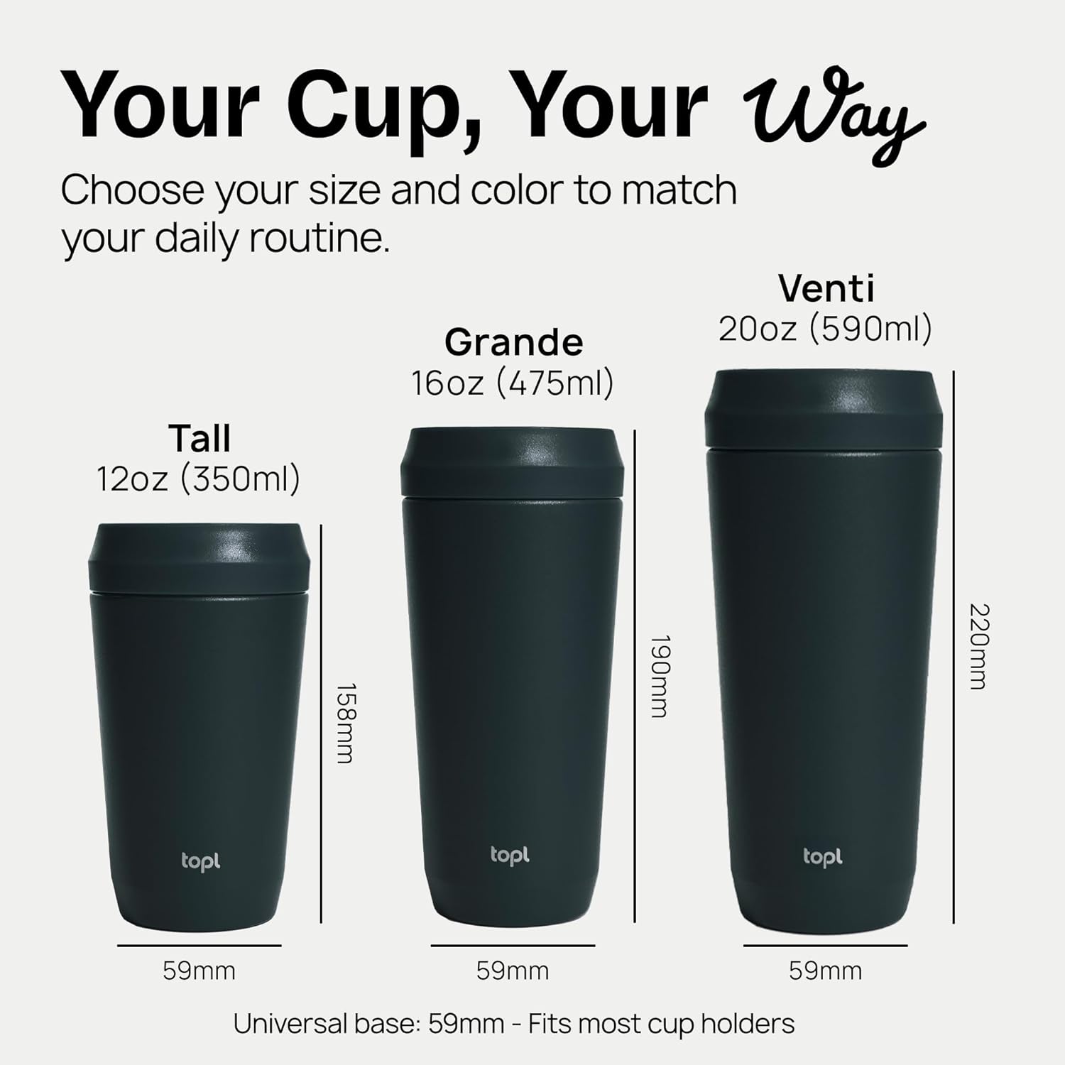 TOPL To Go Coffee Cup – Insulated Travel Coffee Mug with 360° Leak‑Safe Lid, Stainless Steel Coffee Tumbler for Hot/Cold, Spill‑Resistant, BPA‑Free - Charcoal, 20 oz