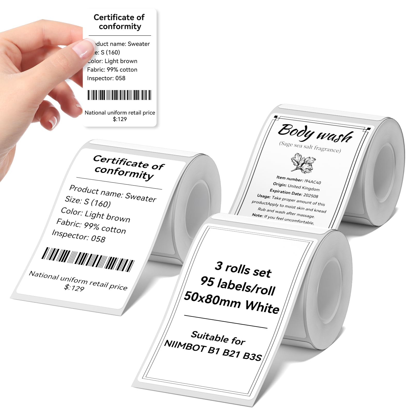 NIIMBOT Labels for B1/B2/B21/B31/B3S/K3 Sticker Printer, 50x80mm, White
