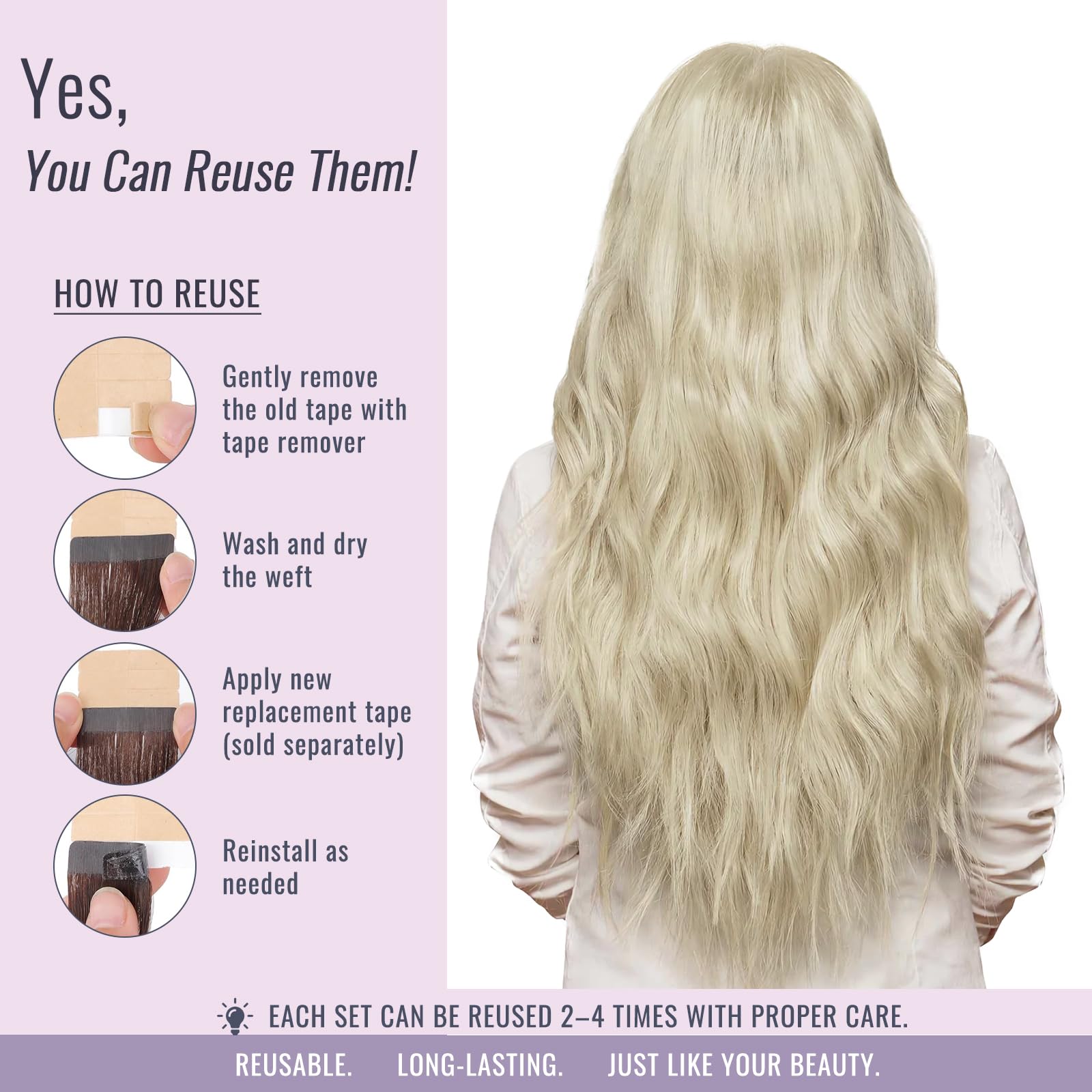 Fshine Extensiones Pelo Natural Adhesivas Rubio Blanco Extensiones Remy Adhesivas 45cm 50g Tape In Hair Extensions Cintas De Cabello Pelo Natural Color 1000 — view 7