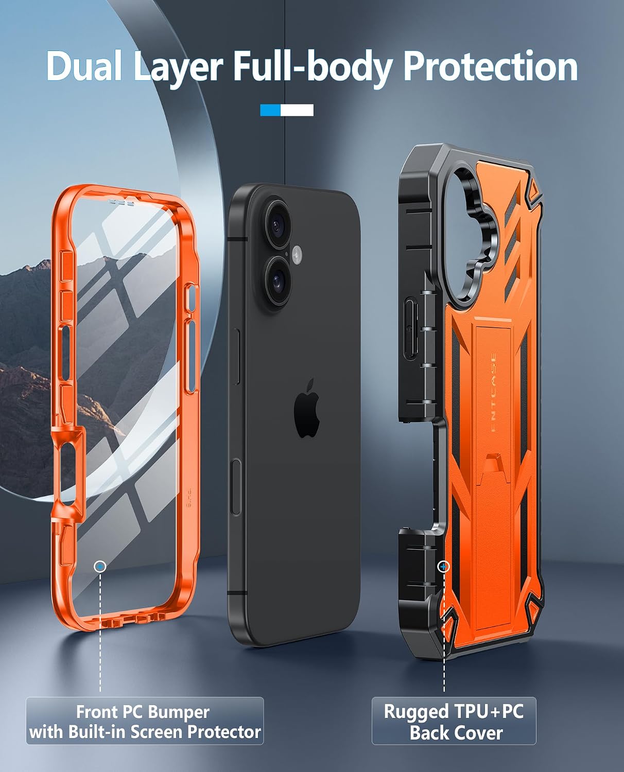 FNTCASE for iPhone 16 Plus Case with Built-in Screen Protector, Kickstand | 20FT Military-Grade Drop Protection, Anti-Slip Matte Textured, Rugged Heavy Duty Shockproof TPU Protective Cover, Orange
