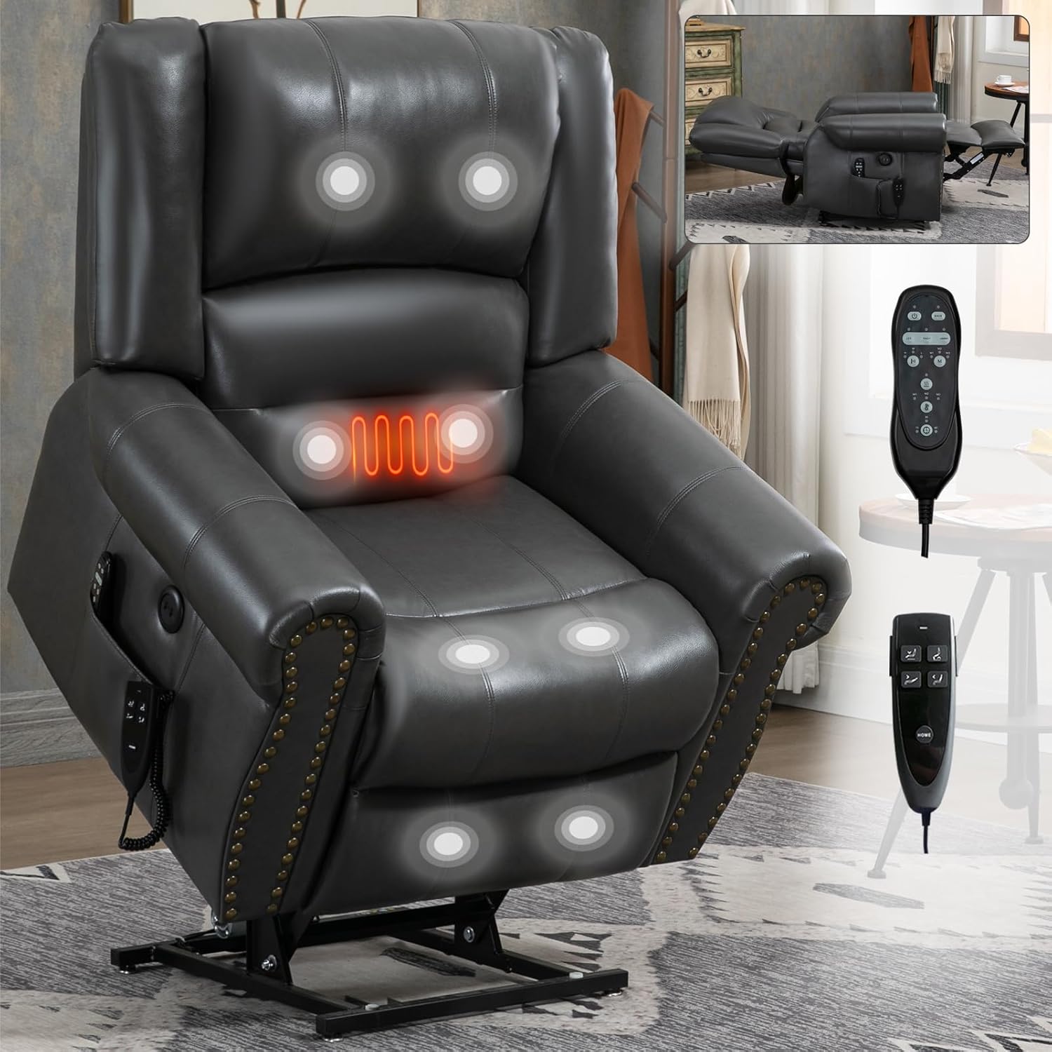 Recliner chair with illuminated massage points and remote controls