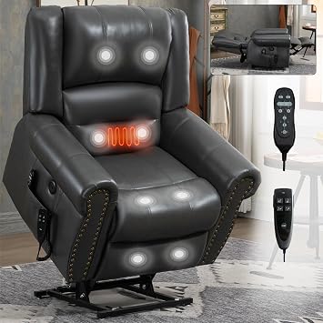 cinkehome Dual Motor Power Lift Chair Recliner for Elderly with Heat and Massage, 180 Lay Flat Power Recliner Chair, Infinite Position, Overstuffed Faux Leather Recliners, USB Ports, Grey