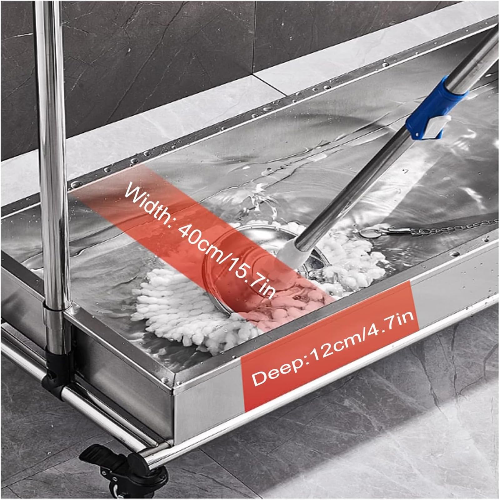 Carrito de limpieza con ruedas de 44 cm con tanque de agua, organizador de suministros de limpieza multifuncional, acero inoxidable, para garaje, jardín, armario, armario