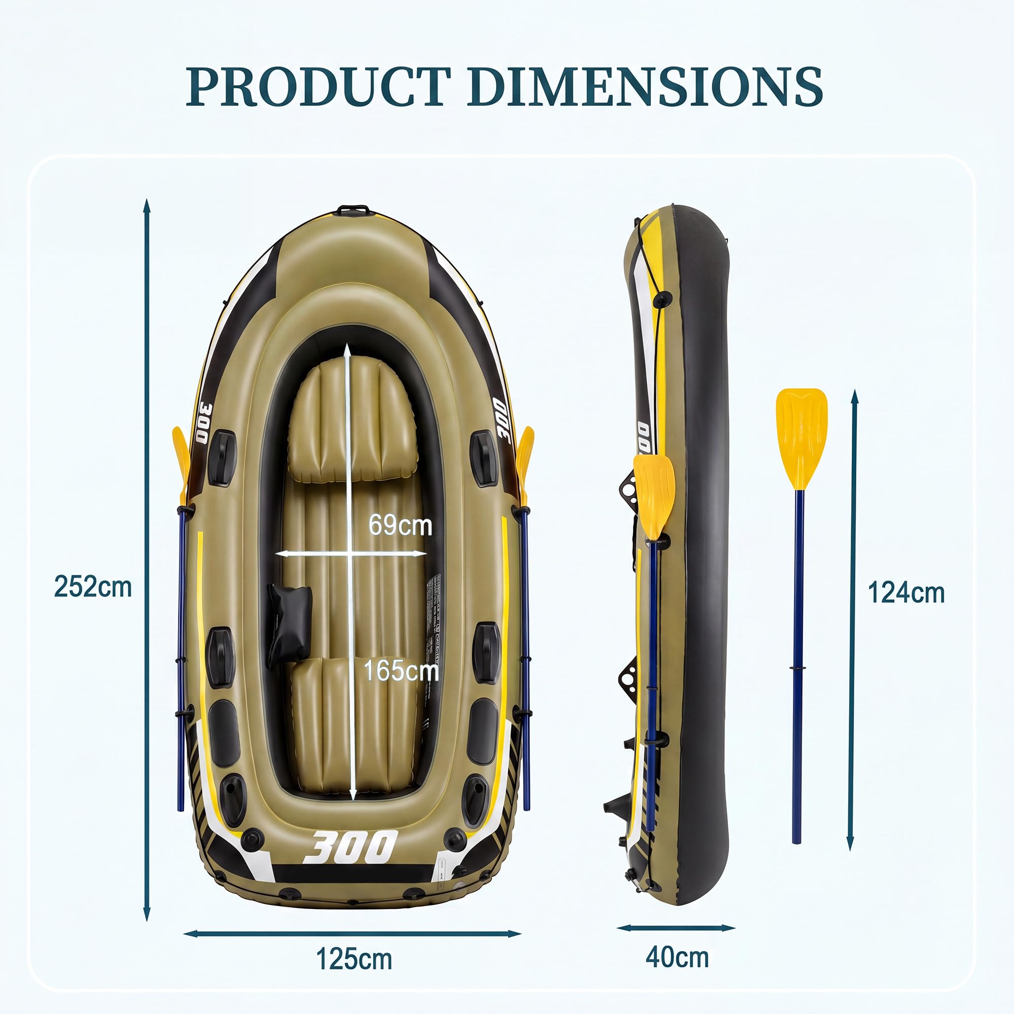HOMASIS Aufblasbares Schlauchboot, Angelboot-Set für 2 Erwachsene & 1 Kind mit Rudern, Pumpe, gepolsterten Sitzen, Aufbewahrungstasche, Rutenhaltern, Motorhalterung, für Wassersport, Paddeln