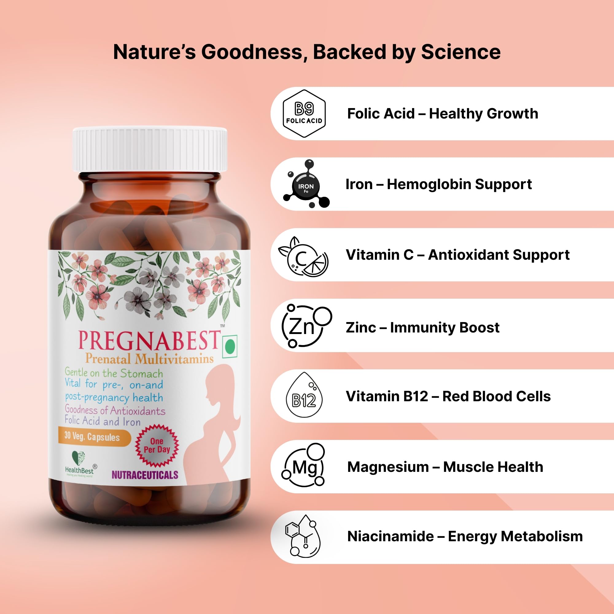 HealthBest Pregnabest Prenatal Multivitamins for Women – Folic Acid, Iron, Zinc, Vitamin D3 – 30 Capsules — Amazon image 2
