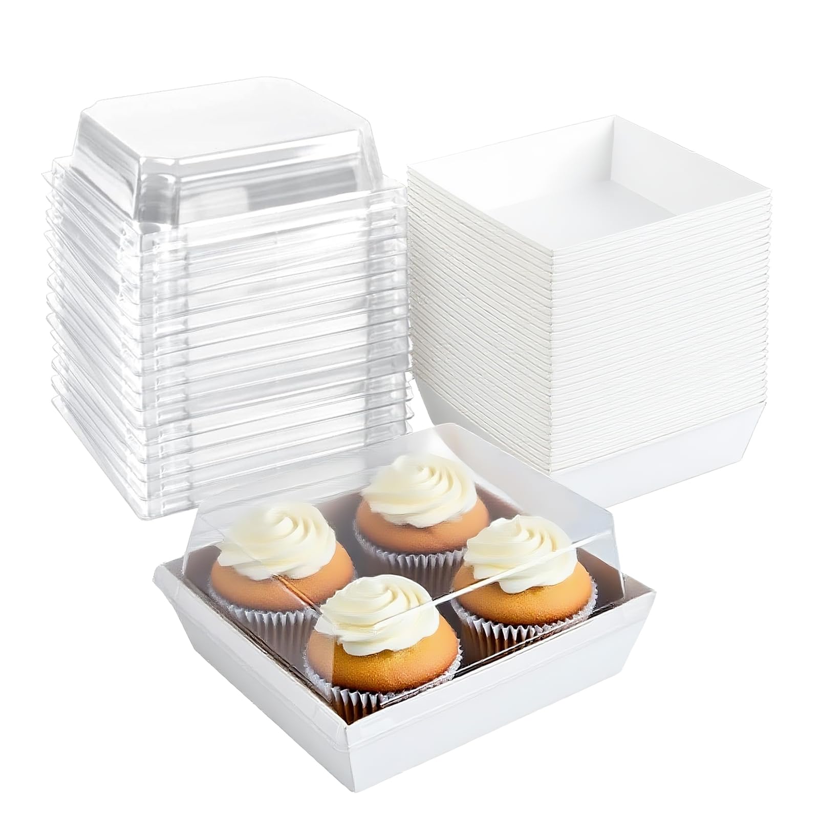 Yumzxin White 50 Pack 12Cm Paper Cake Slice Boxes With Clear Lids, Square Food Containers For Charcuterie, Desserts & Bakery (White)
