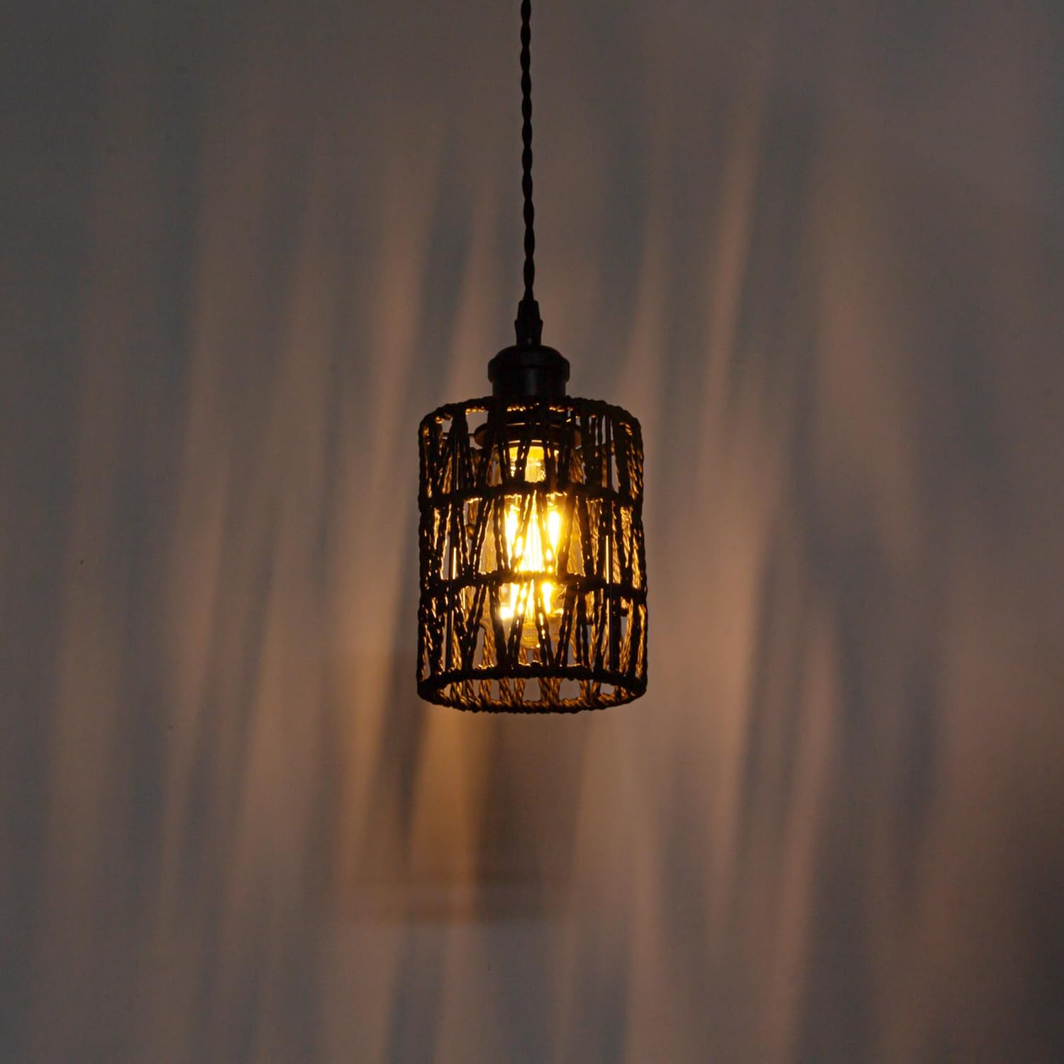 Adjustable Height H Type Track Lighting E26 Socket Track Mount Lamp 5 Ft Twine Natural Rattan Black Shade Pendant Light Decorate for Dinning Table