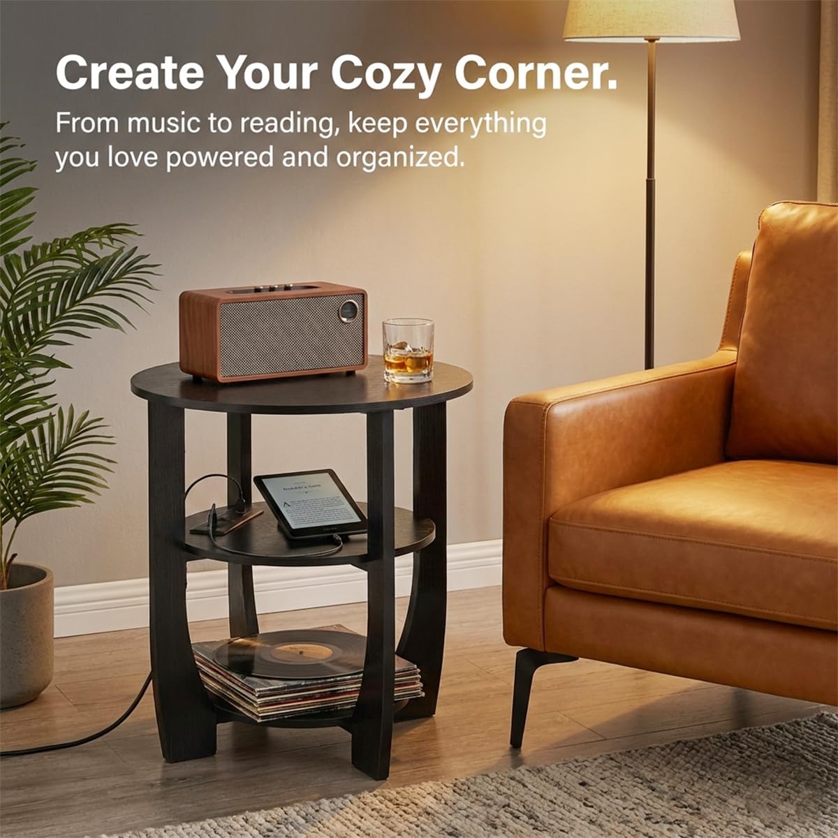 Round Side Table, 3-Tier End Table with Stora, 19.7 inch Bla Accent