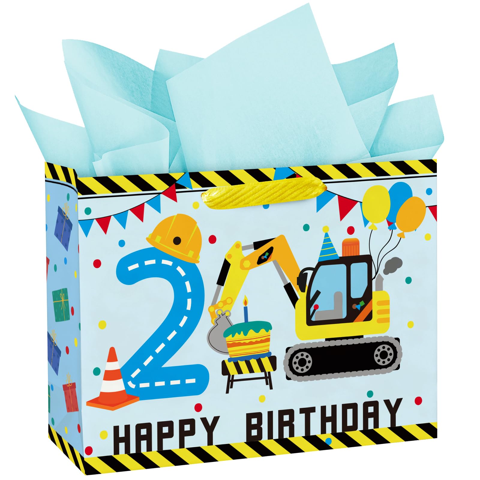 Loveinside 13" Large Construction 2nd Birthday Gift Bag with Tissue Paper - Excavator Engineering Paper Bags for Two Year Old Kids Birthday Party