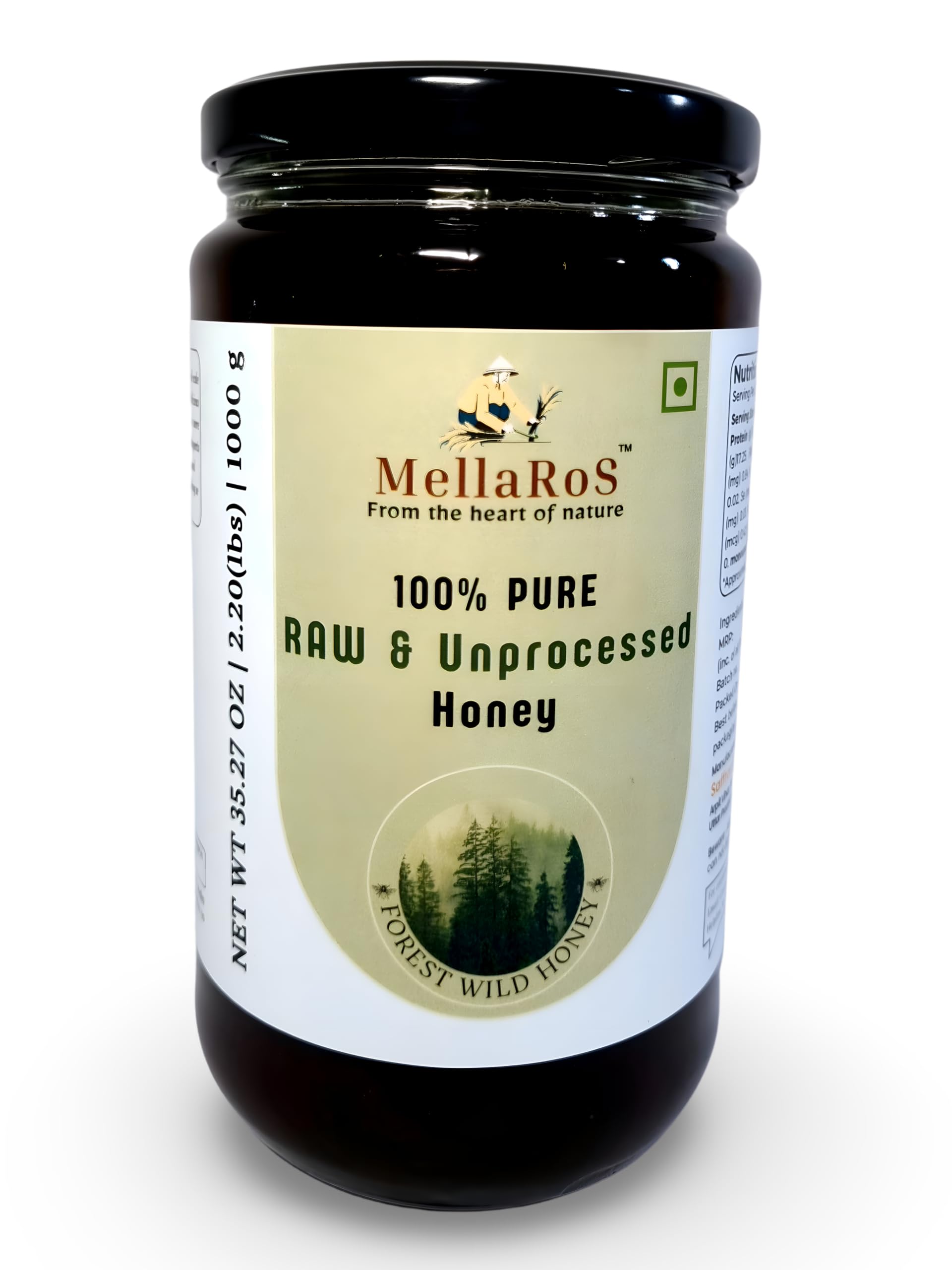 MellaRos Organic Forest Raw Honey (Multifloral-1kg) 100% Pure Farm fresh with No Sugar Adulteration, Unheated & Unprocessed | Non Pasteurized Original Honey | Certified by the ISO 22000:2018, APEDA