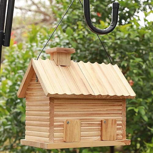 Miniatura 7 de STARSWR Casa de pájaros en el exterior, casas para pájaros al aire libre, cabaña de madera natural para pájaros, 2 agujeros, pinzón azul,