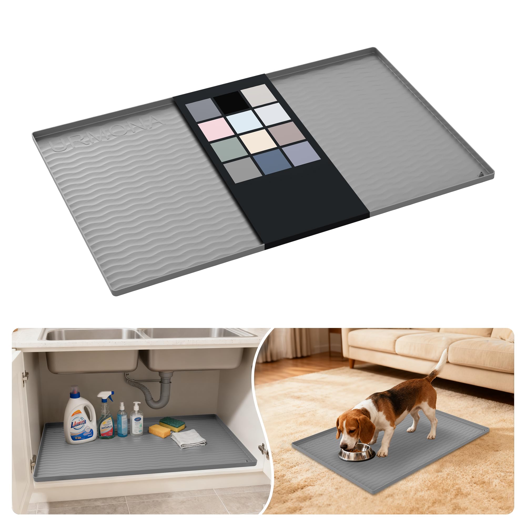 Photo 1 of URMONA Waterproof Silicone Under Sink Mat 31'' x 22'' Shelf Liner for Kitchen and Bathroom, Cabinet and Counter Protector, Storage and Organizers, Litter Mat, Pet Cat Puppy Essentials(Beige)