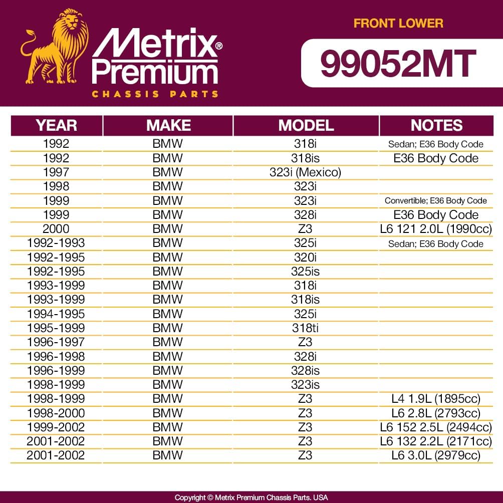 Metrix Premium Chassis Parts - 2 PC Front Lower Control Arm Bushing Kit Fits 96-02 BMW Z3, 98-99 323iC, 98-99 323is, 96-98 328i, 95-99 318ti, 94-95 325i, 93-98 BMW 318i, K90048, Made in Europe