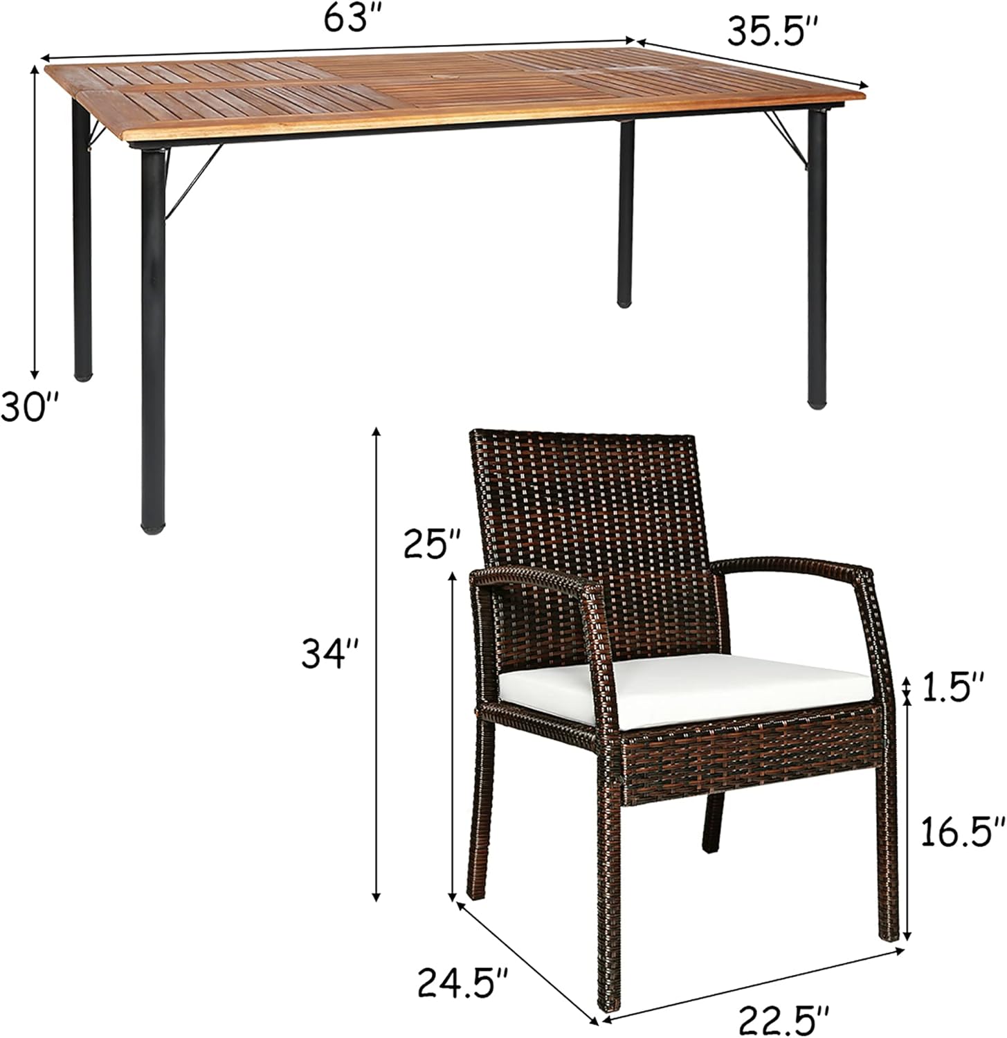 Diagram showing the dimensions of the dining table (63 inches long, 35.5 inches wide, 30 inches high) and an armchair (24.5 inches deep, 22.5 inches wide, 34 inches high, with a seat height of 16.5 inches and armrest height of 25 inches).